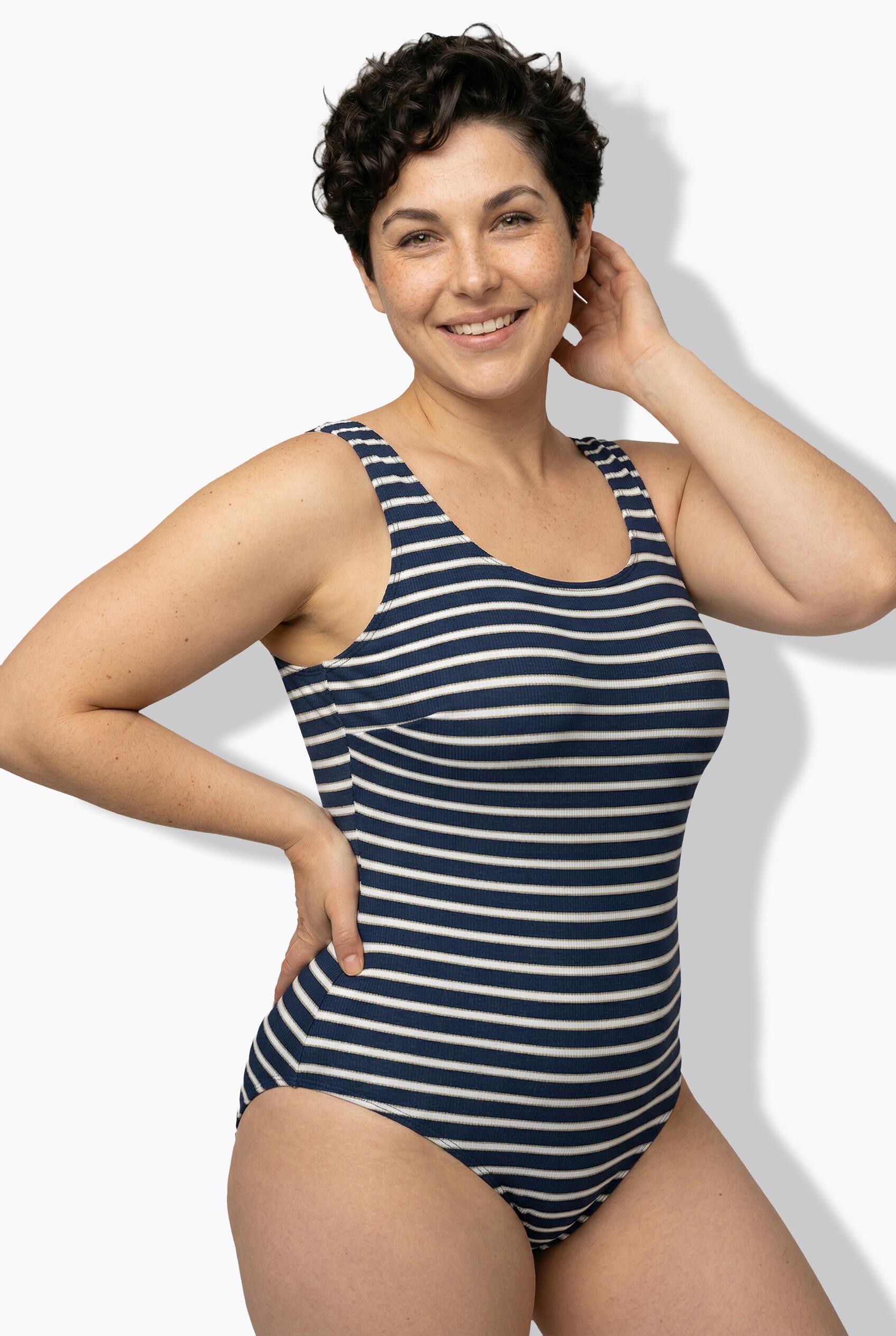 Femme Maillot de bain sans bonnets souples décolleté rond et motif à rayures 1/7
