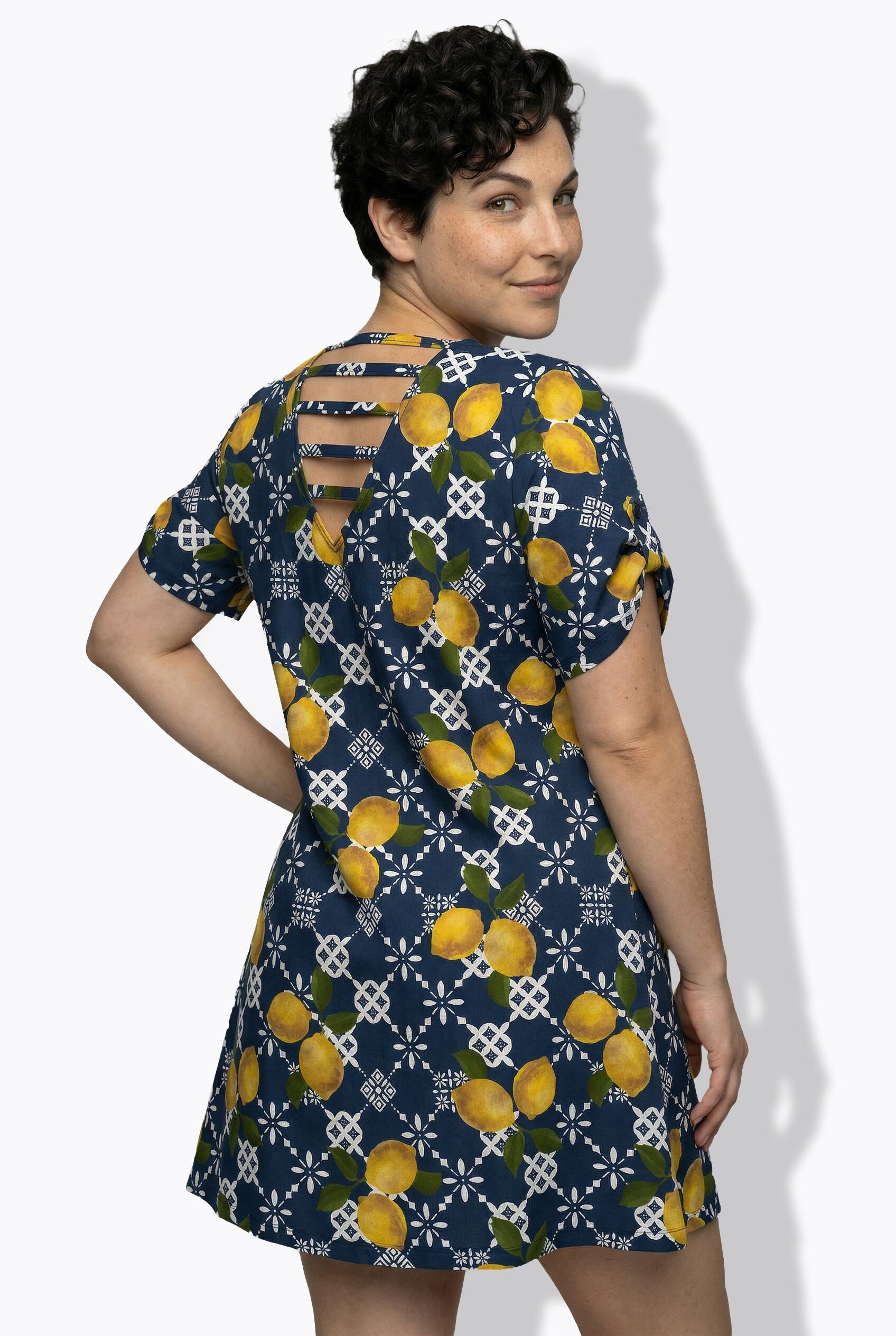 Femme Robe de plage motif citrons décolleté en V et manches courtes coupe évasée 2/7