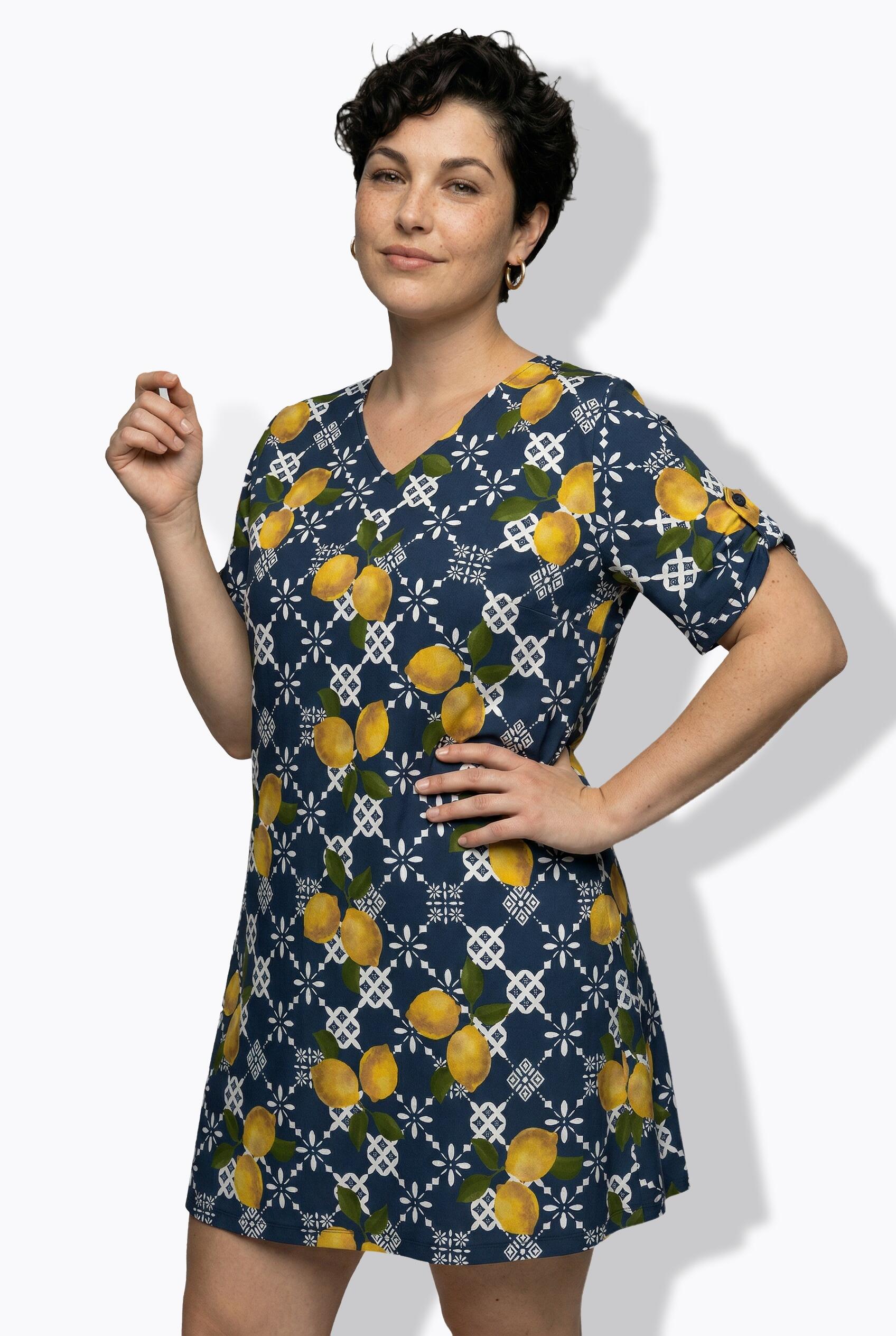 Femme Robe de plage motif citrons décolleté en V et manches courtes coupe évasée 5/7