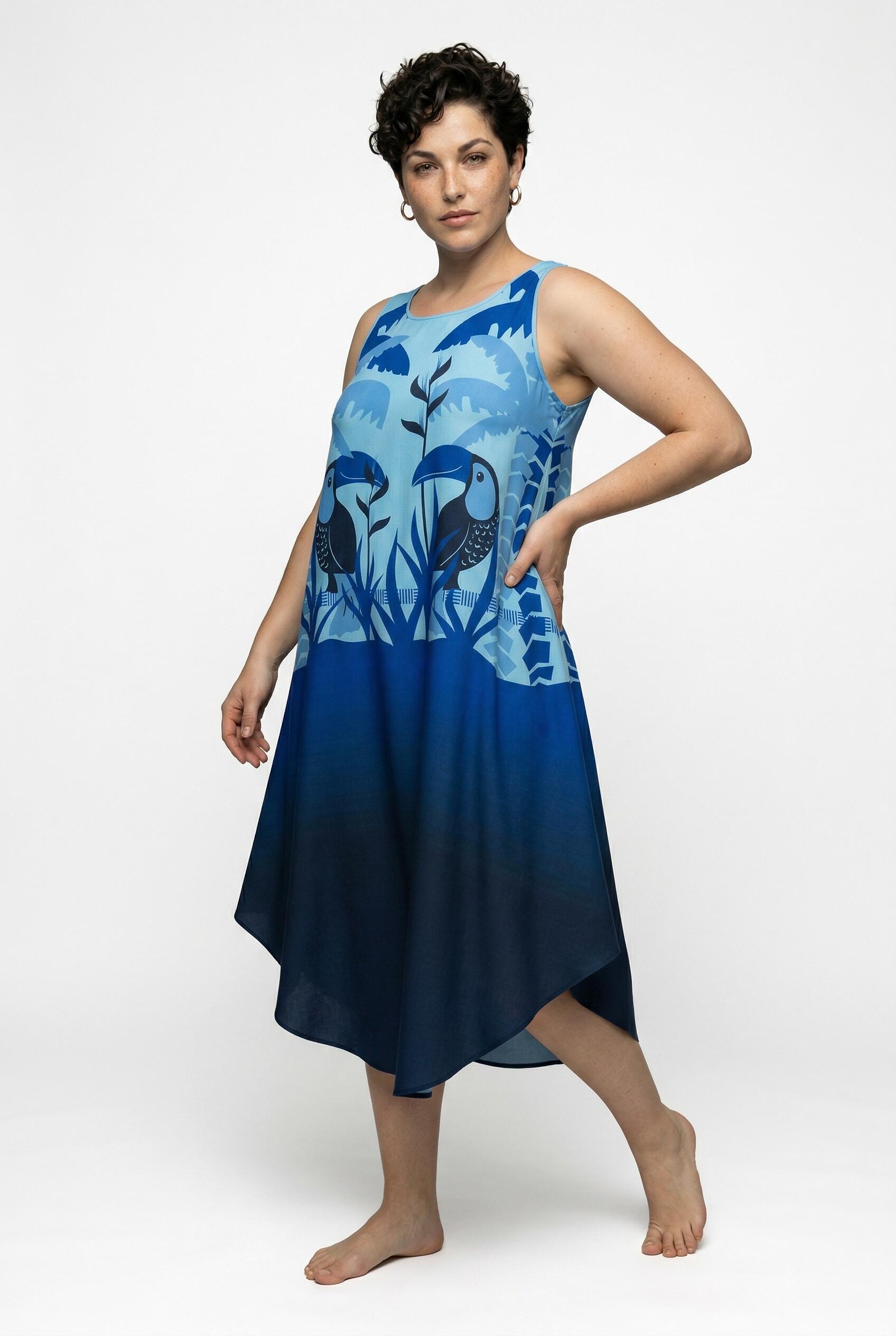 Femme Robe midi sans manches motif toucans coupe évasée et décolleté rond 5/7