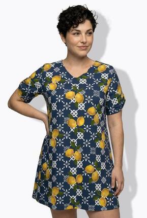 Femme Robe de plage motif citrons décolleté en V et manches courtes coupe évasée