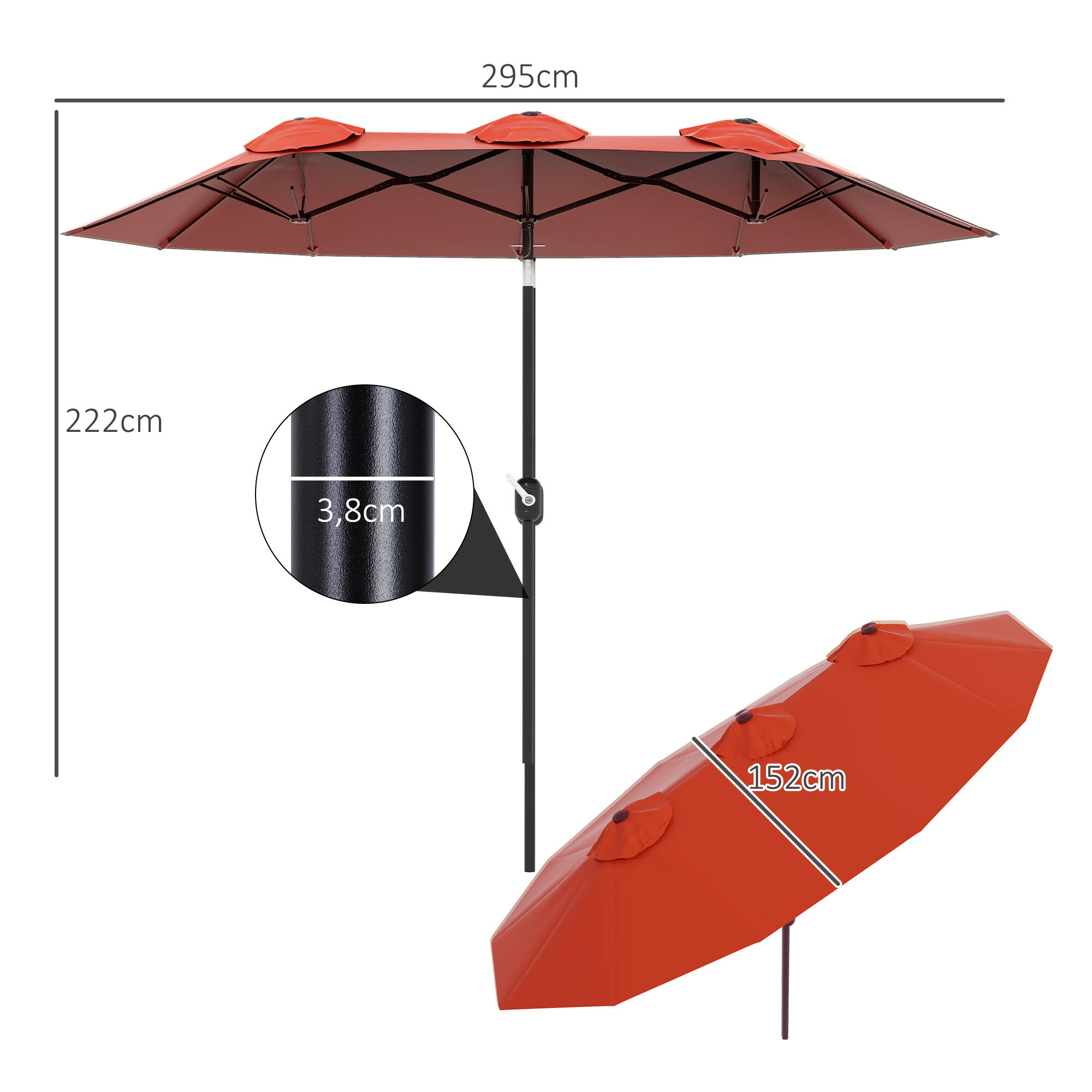 Sombrilla Doble Outsunny 295x152x222 cm Rojo Vino 3/5