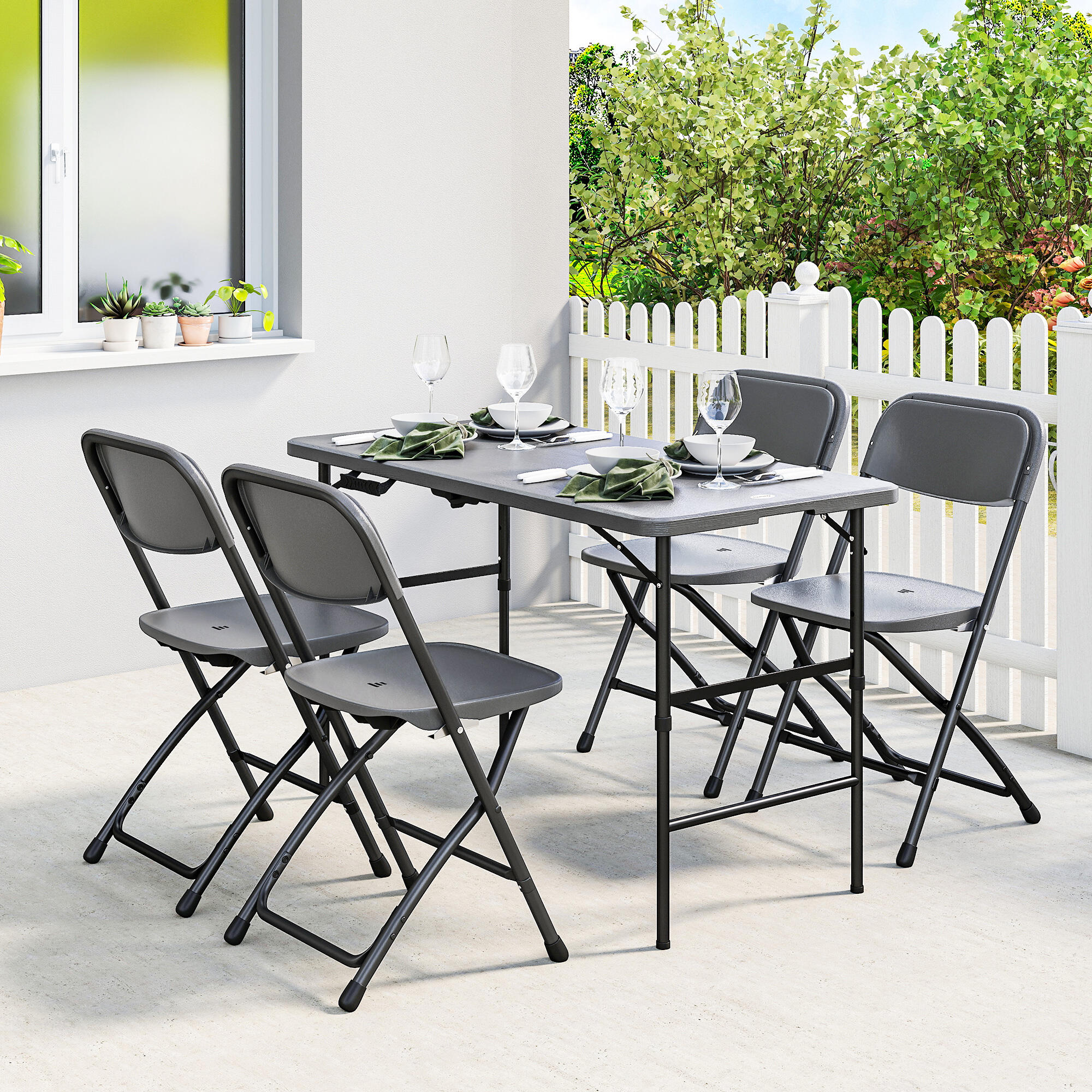 Outsunny Set Tavolo Regolabile e 4 Sedie da Esterno Pieghevoli in HDPE Grigio 2/7