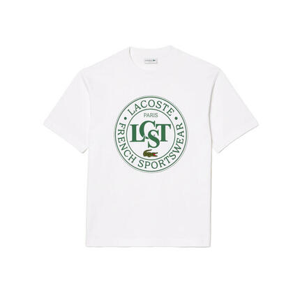 Camiseta Blanca Lacoste Estampada De Corte Amplio De Algodón Grueso