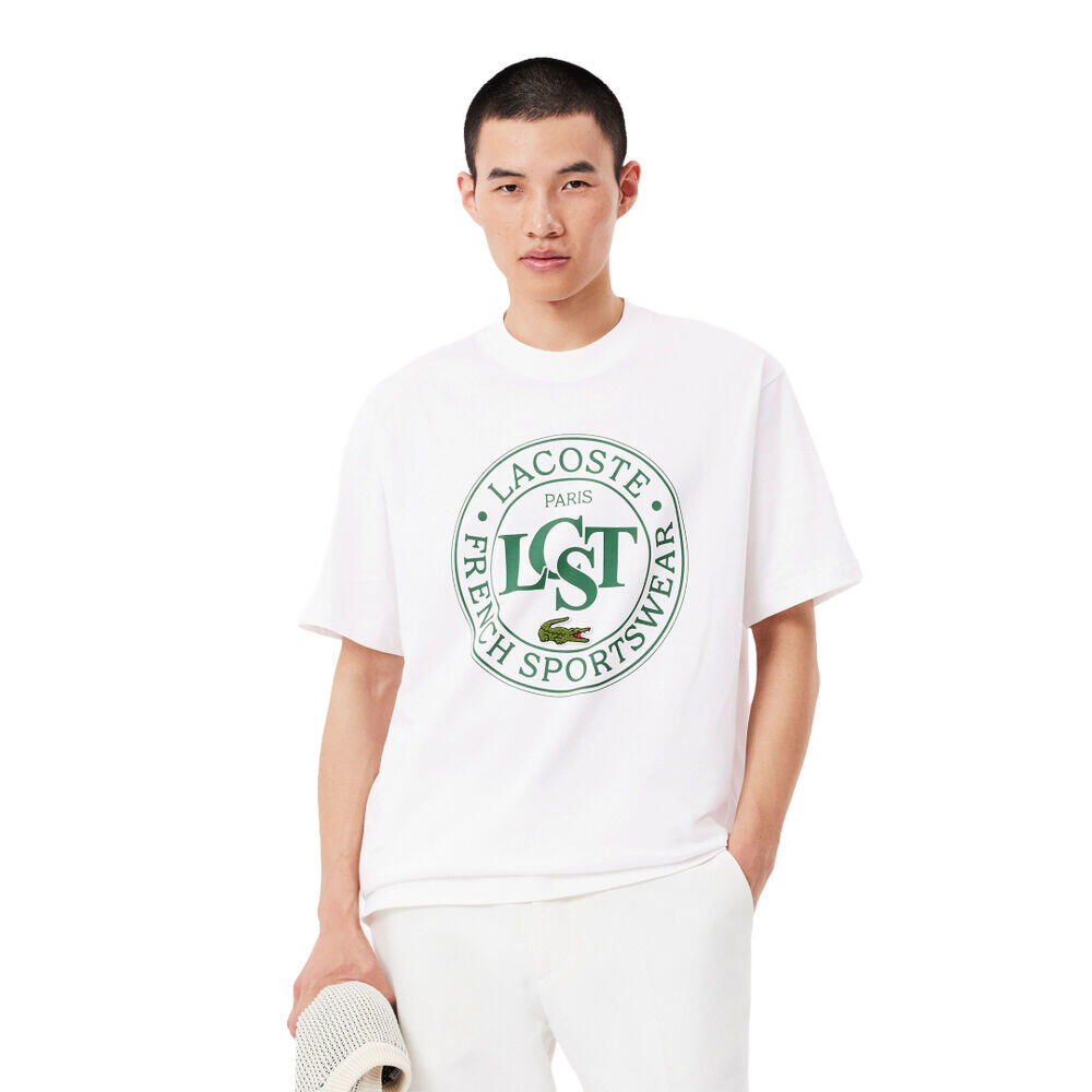 Camiseta Blanca Lacoste Estampada De Corte Amplio De Algodón Grueso 3/5