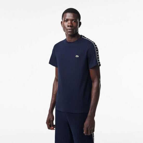 Camiseta Azul Marino Lacoste con Rayas de Logo