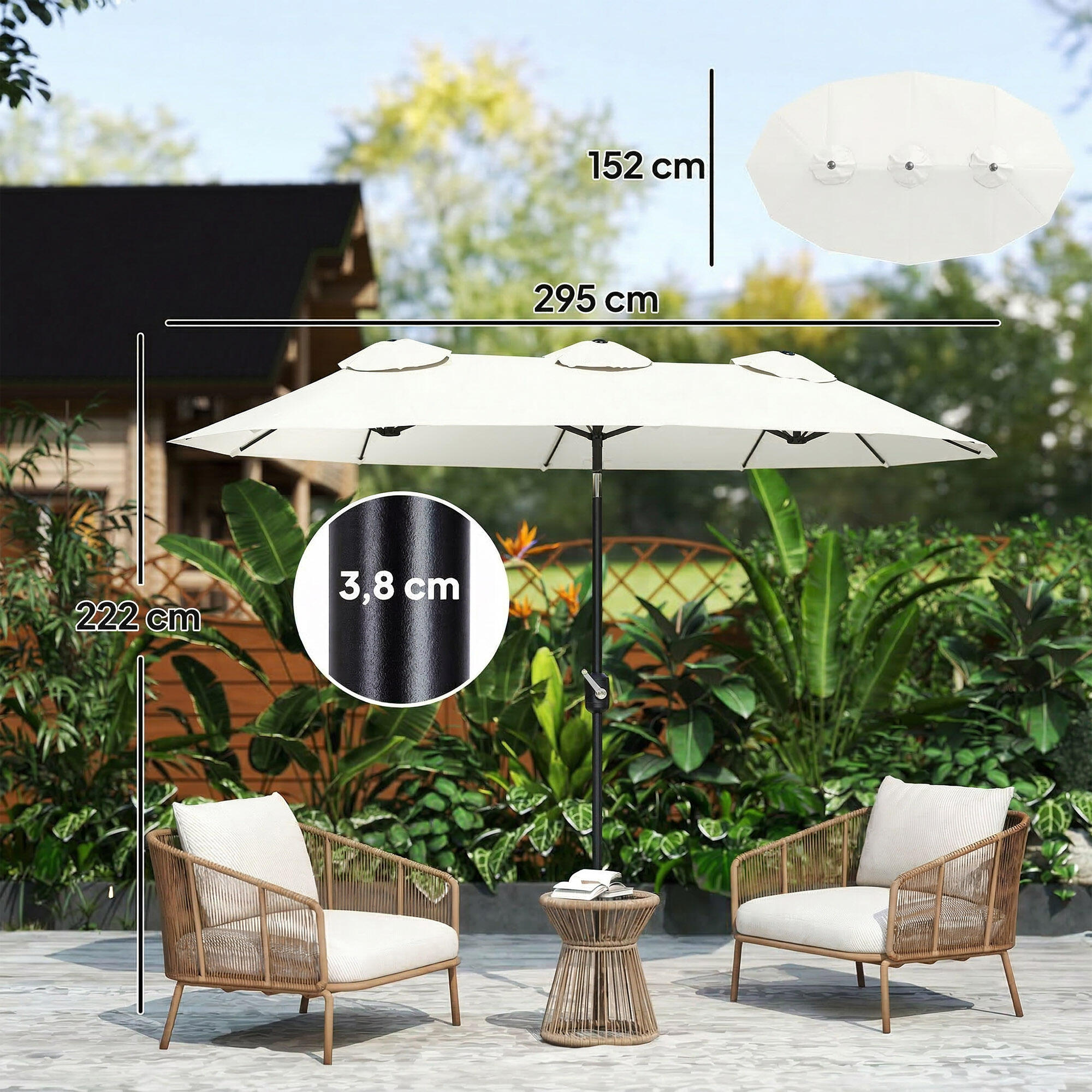 Sombrilla Doble Outsunny 295x152x222 cm Crema 3/5