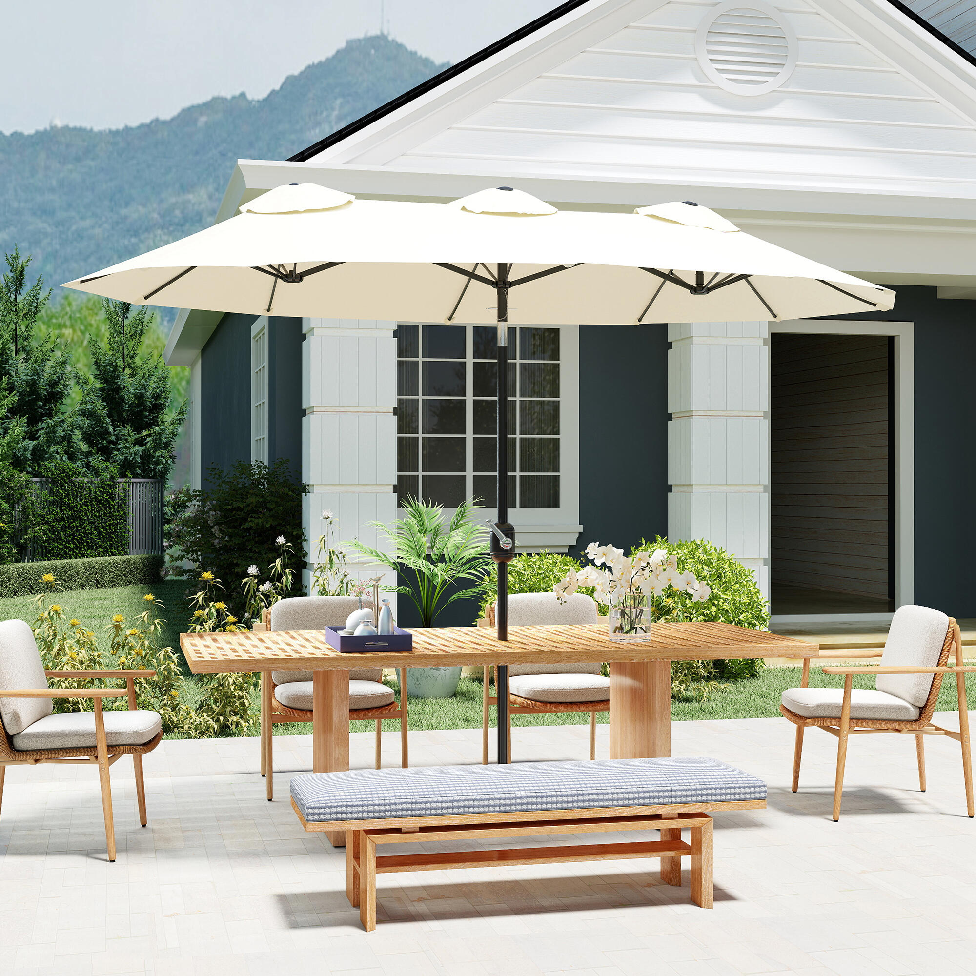 Sombrilla Doble Outsunny 295x152x222 cm Crema 5/5