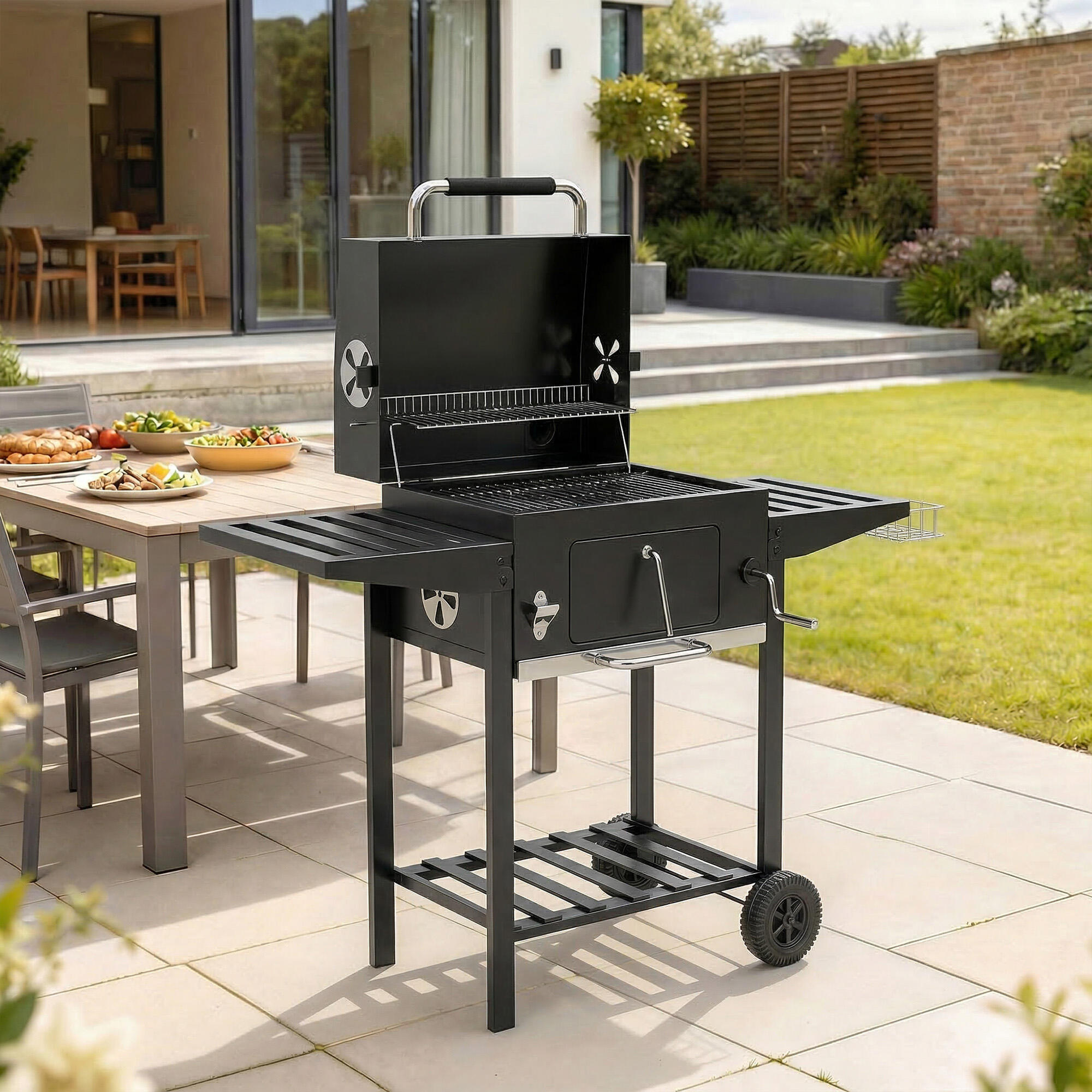 Barbacoa de Carbón Outsunny 133.5x65x110 cm Negro 2/5
