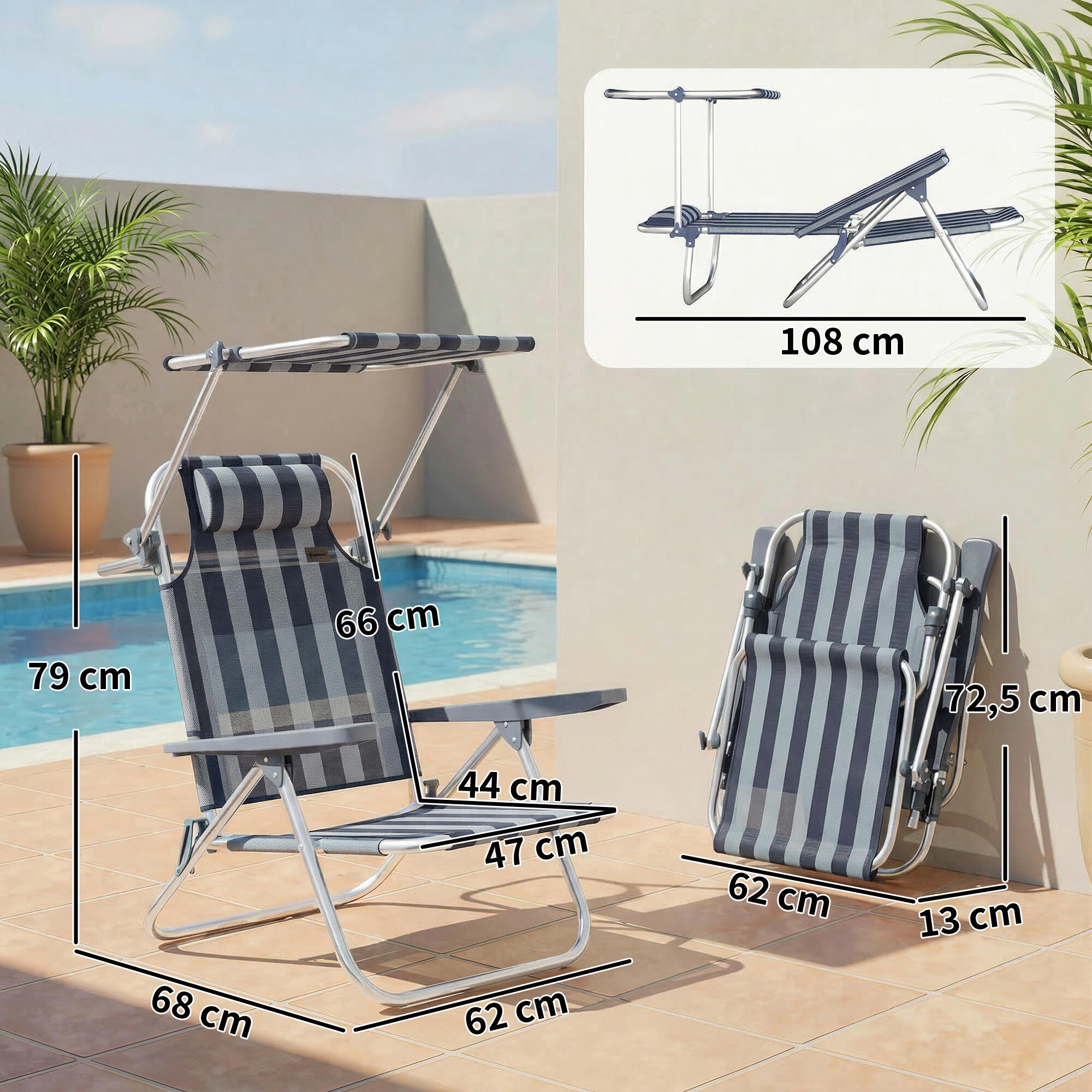 Sillas de Playa Outsunny 62x68x79 cm Azul y Blanco 3/5