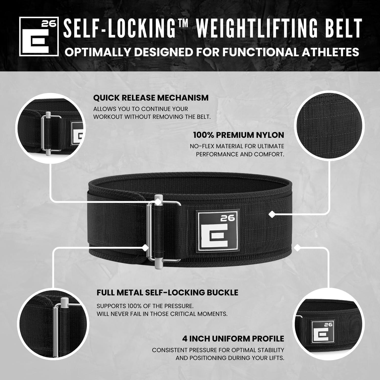Ceinture de Musculation Auto-Bloquante Athlètes - Nylon Noir [XS] - Support Dos 3/6