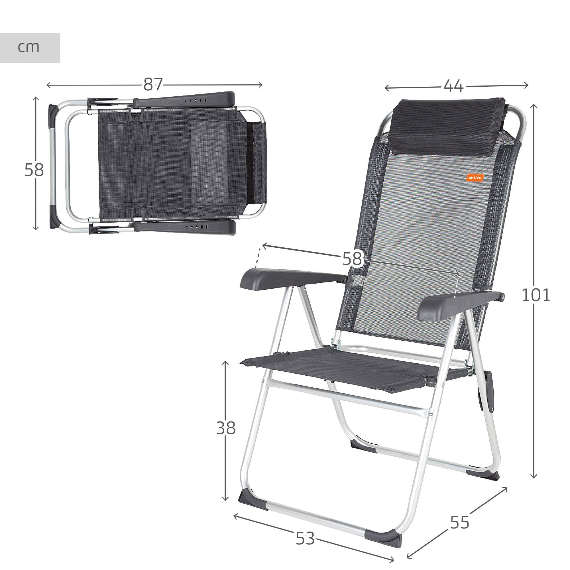 Chaise de plage, jardin ou camping avec coussin appui-tête et accoudoirs Aktive 4/7