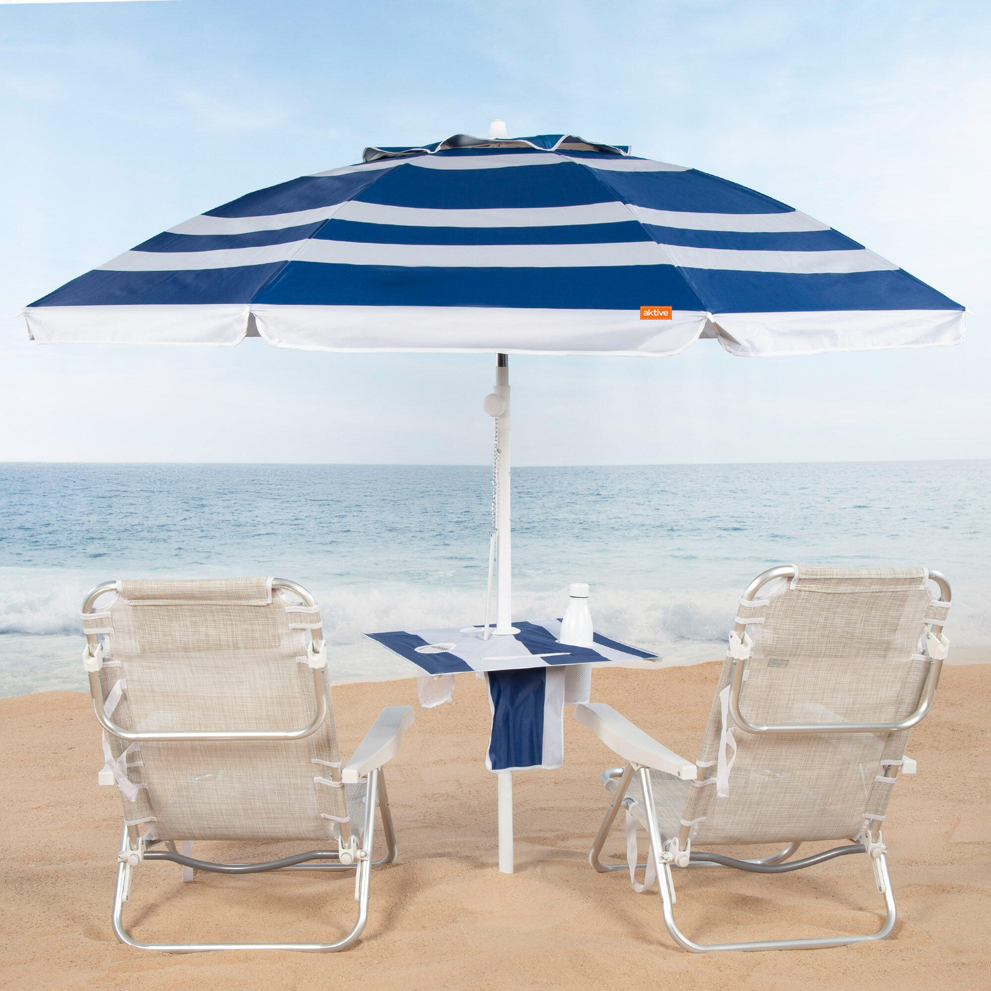 Aktive Sombrilla playa antiviento 8 varillas 210 cm rayas azules con mesa 2/7