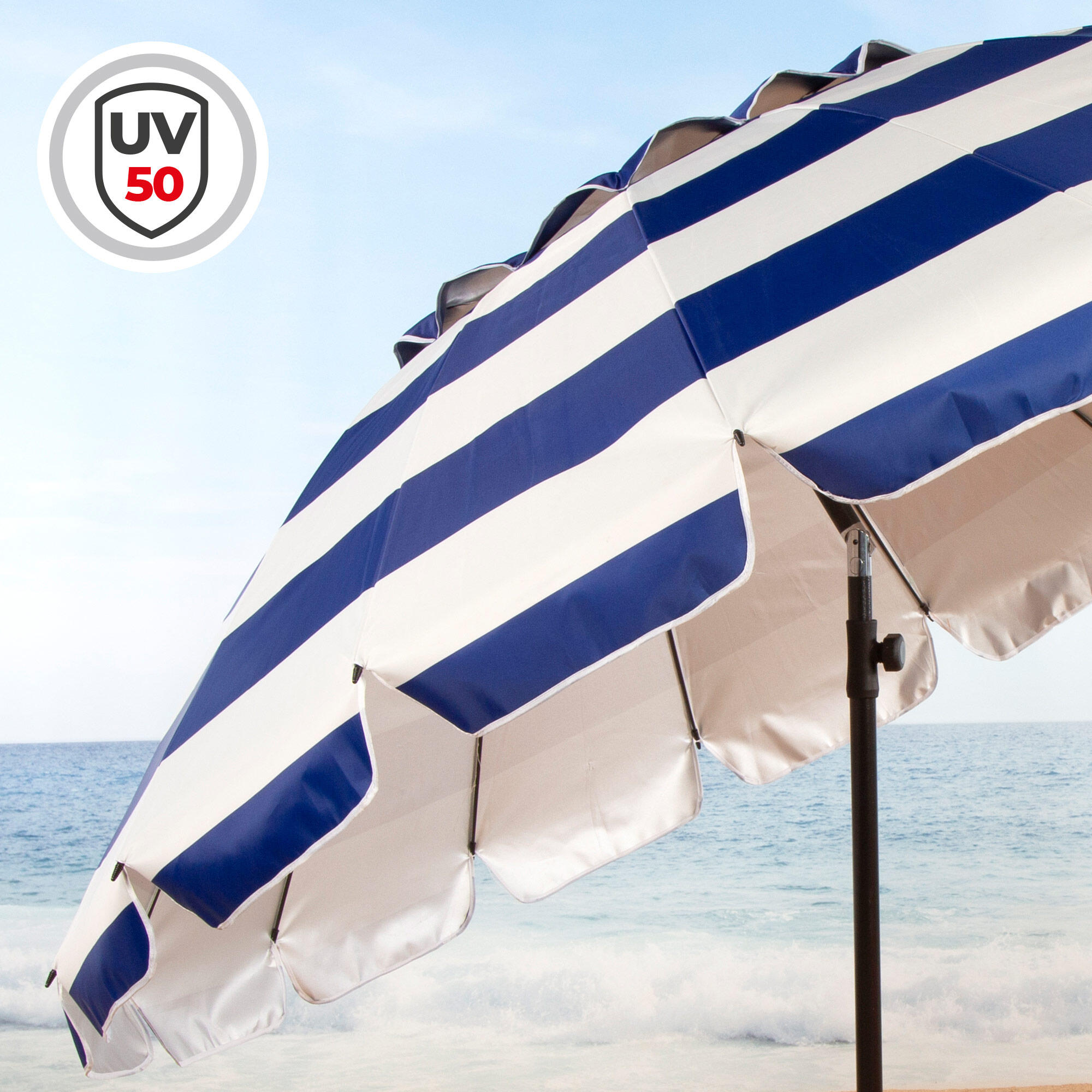 Aktive Windbestendige strandparasol met 16 baleinen, 240 cm, nautische stijl 3/7