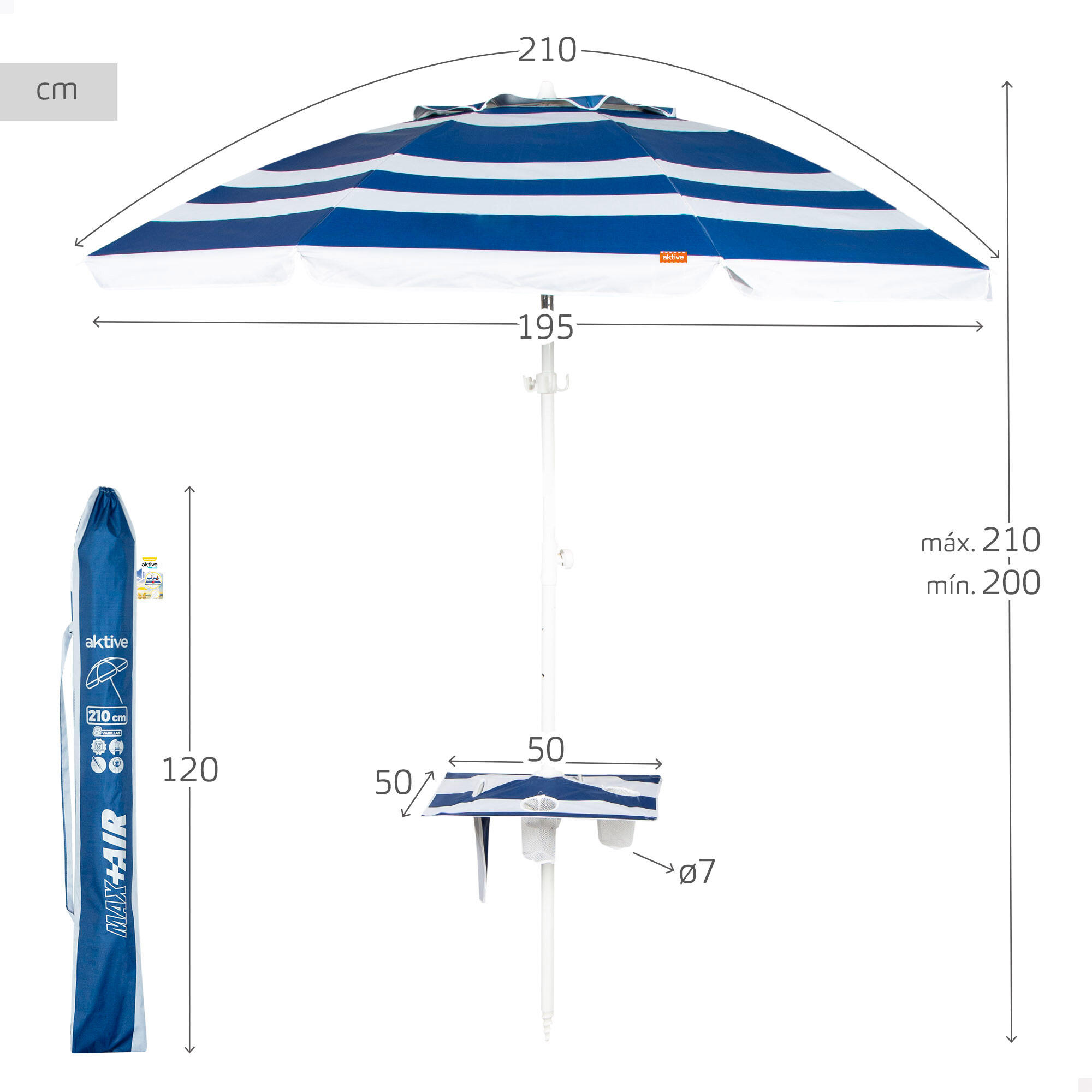 Aktive Sombrilla playa antiviento 8 varillas 210 cm rayas azules con mesa 4/7