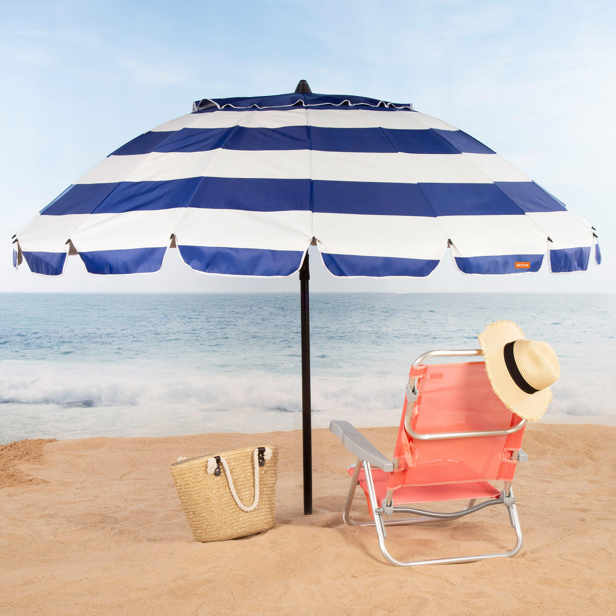 Aktive Windbestendige strandparasol met 16 baleinen, 240 cm, nautische stijl 2/7