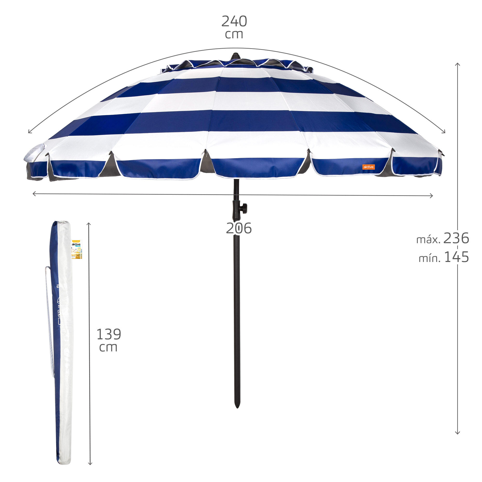 Aktive Windbestendige strandparasol met 16 baleinen, 240 cm, nautische stijl 4/7