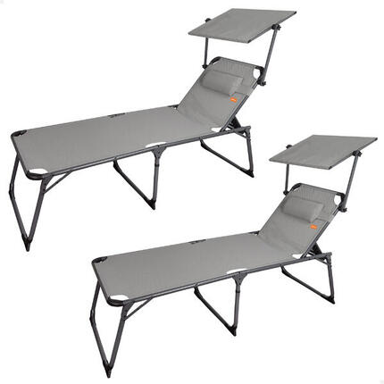 Pack 2 chaises longues pliantes hauteur XL avec parasol et coussin gris Aktive