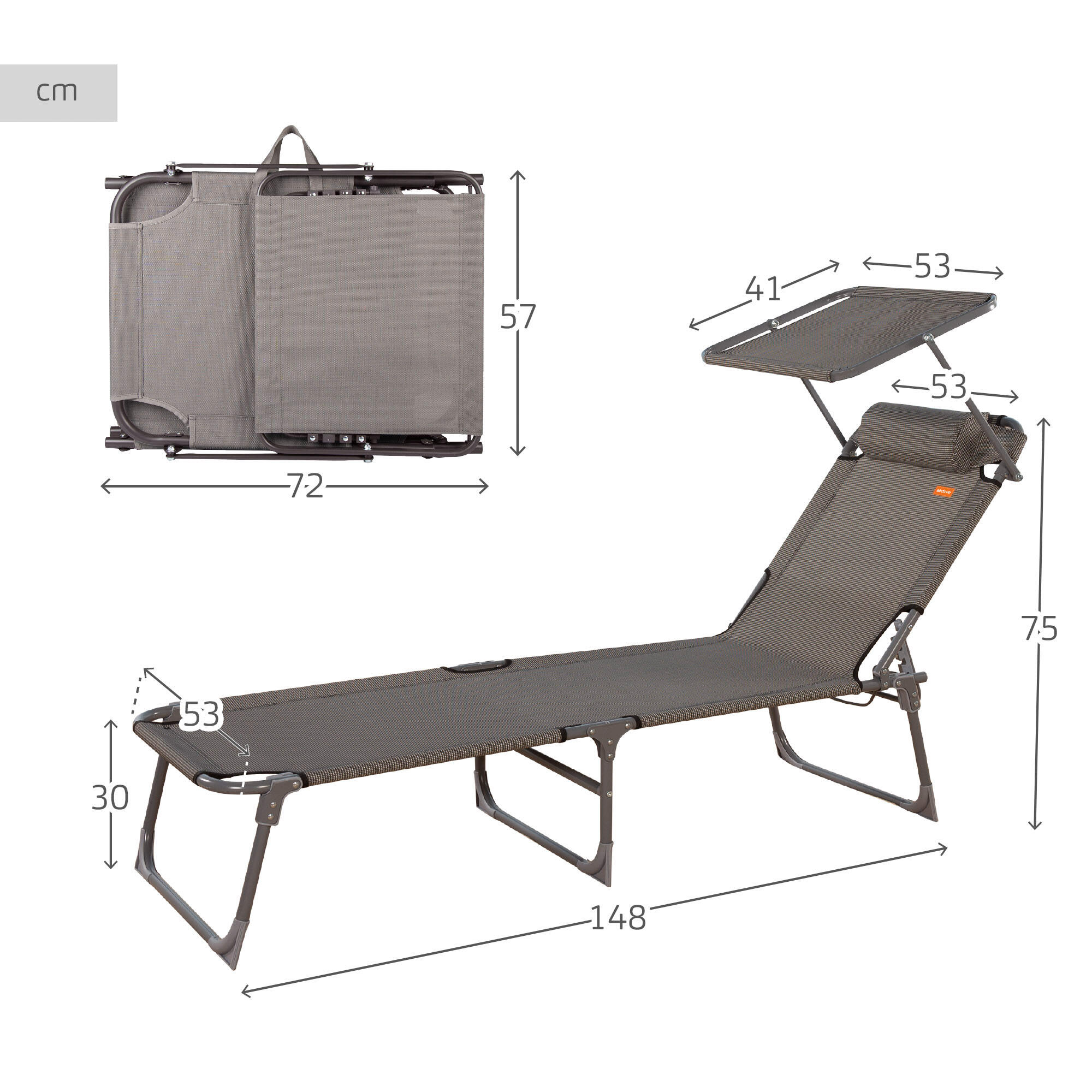 Pack de 2 espreguiçadeiras de praia dobráveis c/guarda-sol e almofada Aktive 4/7