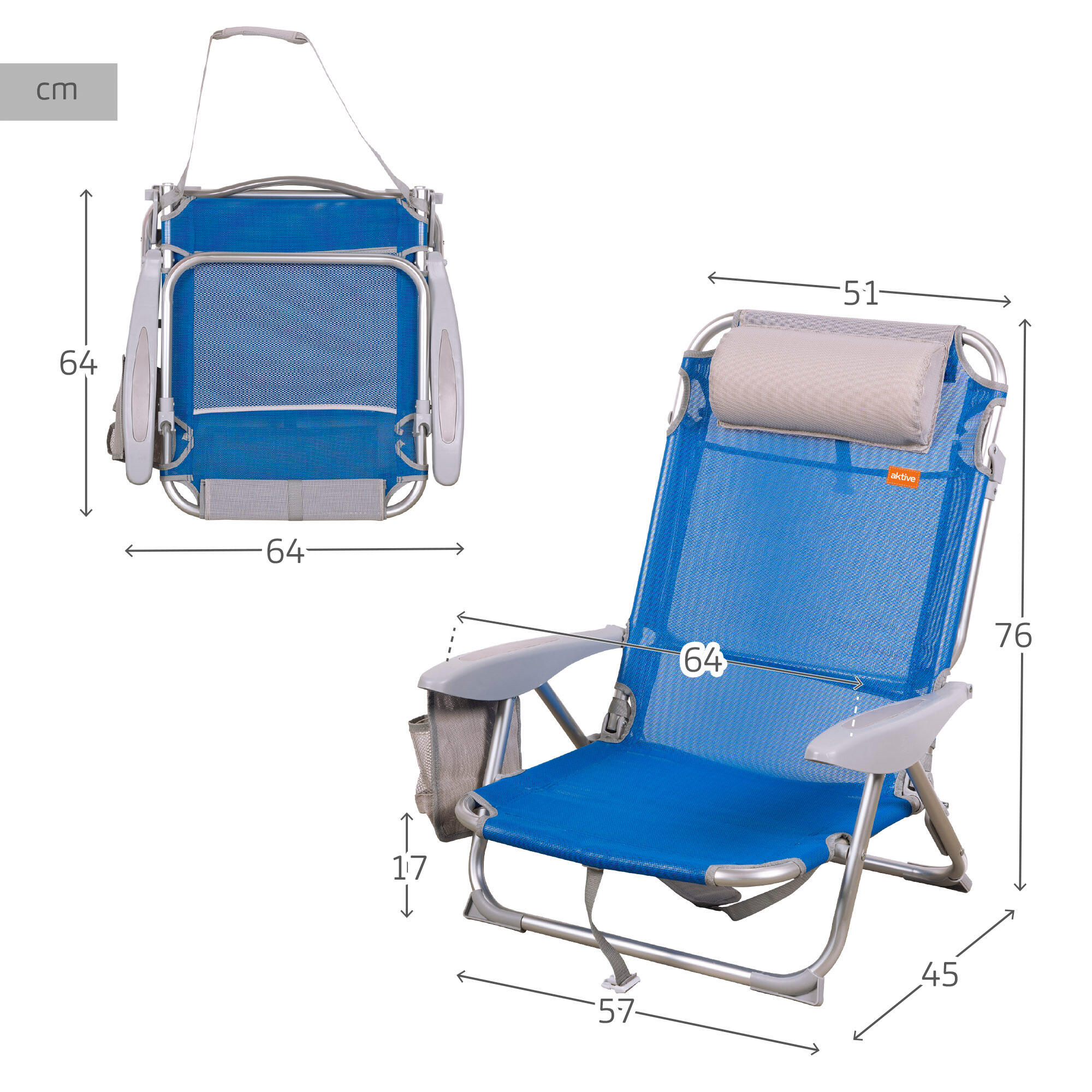 Aktive Pack 2 cadeiras de praia dobráveis multiposição azul 4/7