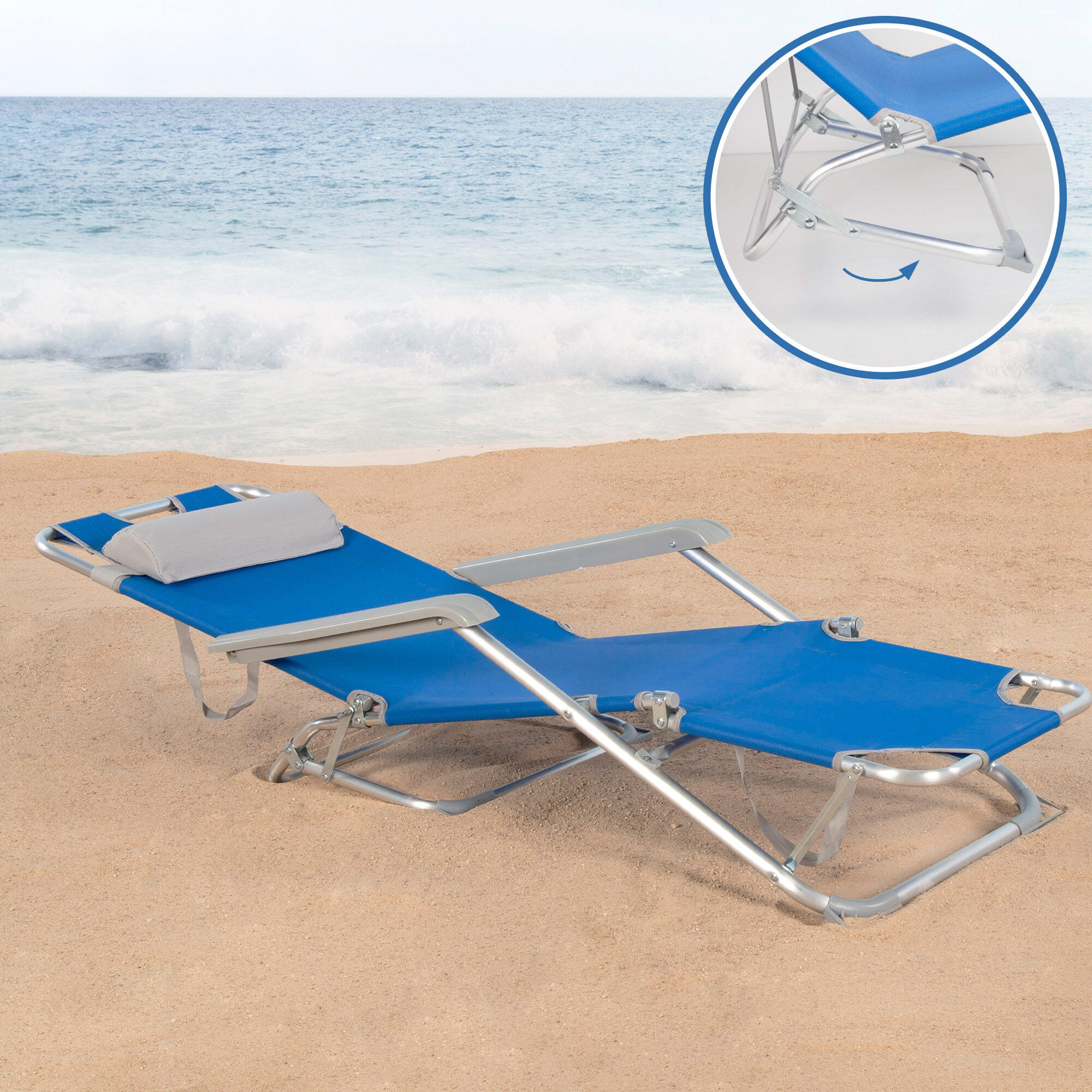 Pack 2 espreguiçadeiras de praia dobráveis 3 posições azul c/almofada Aktive 3/7