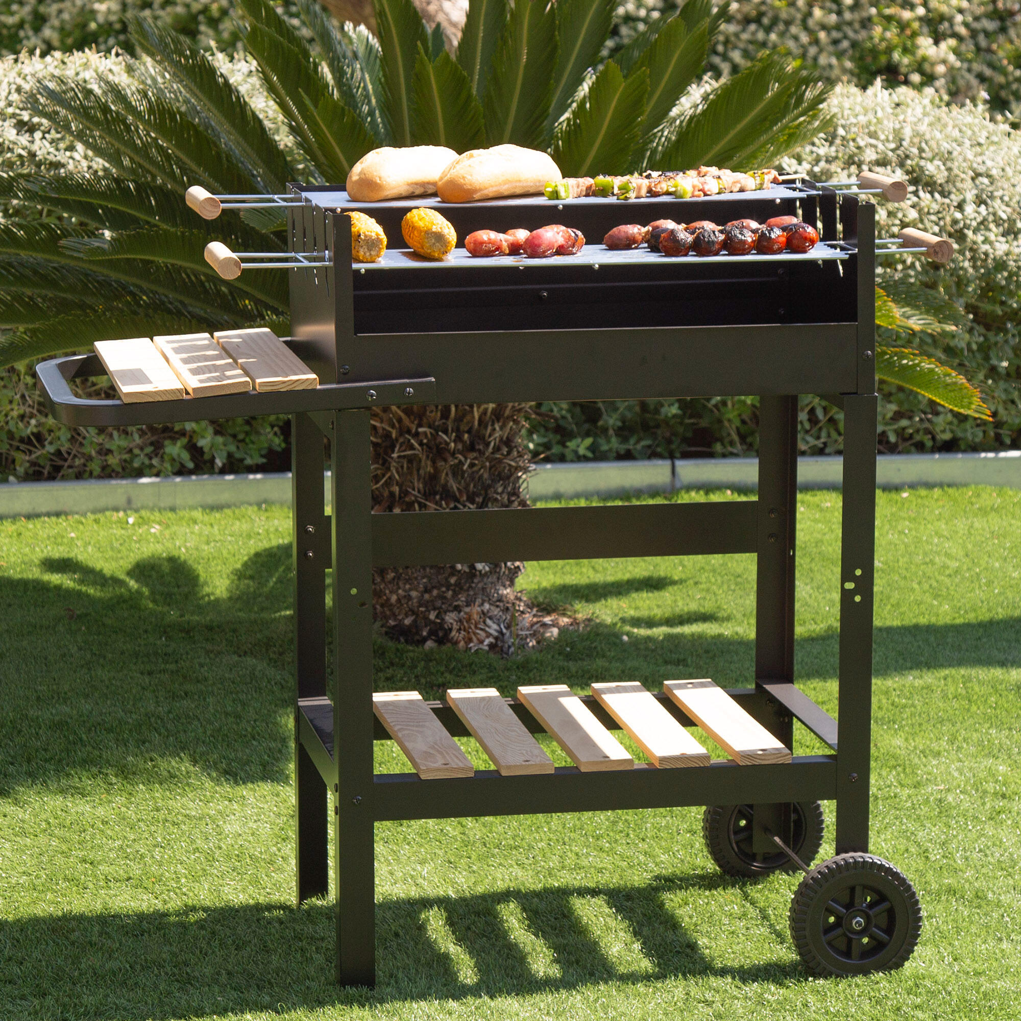 Barbacoa carbón portátil madera doble parrilla Aktive 2/7