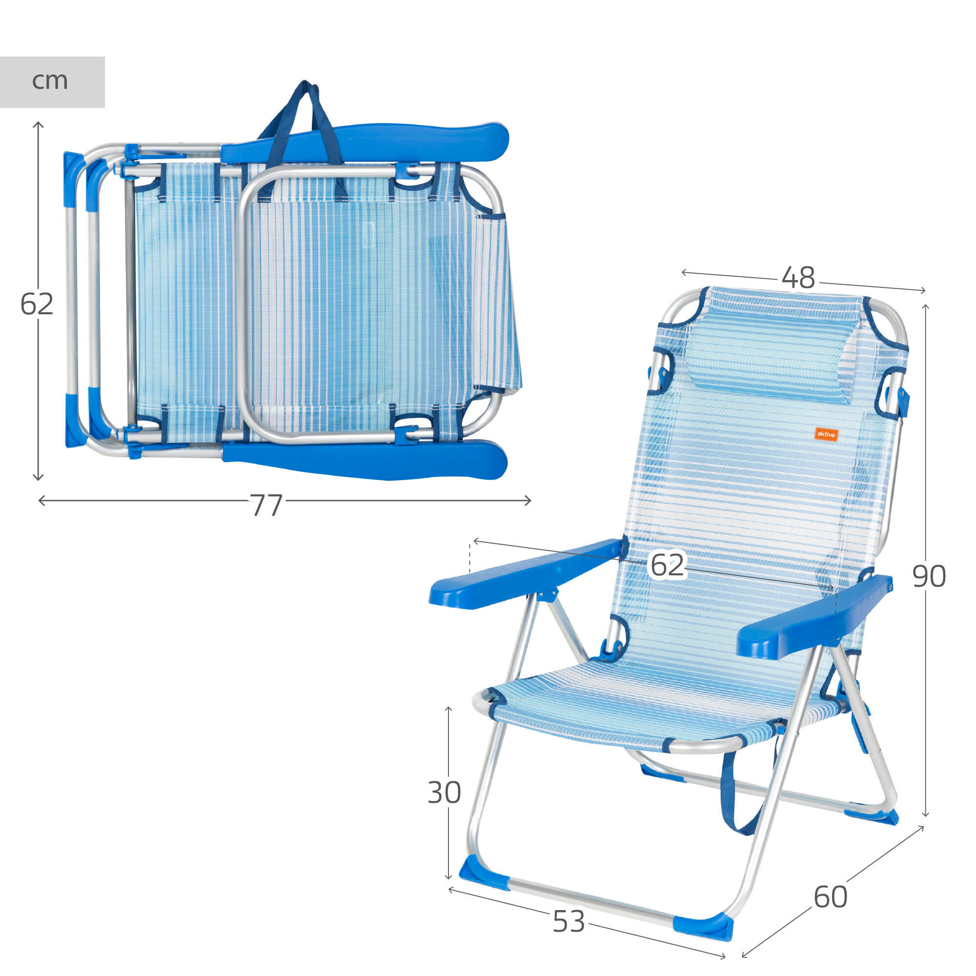 Aktive Confezione da 2 sedie da spiaggia pieghevoli 48x60x90 cm blu 5 posizioni 4/7