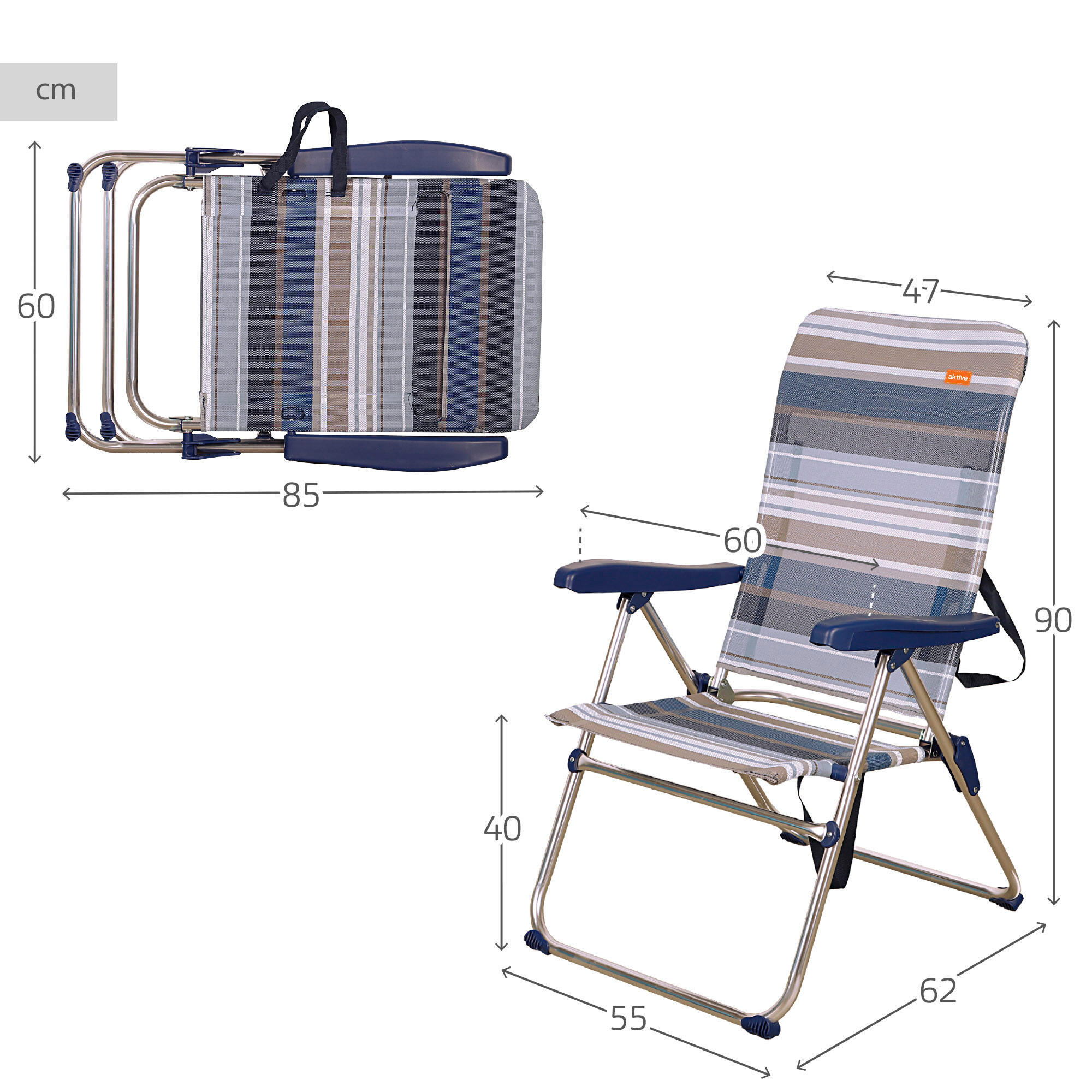 Silla plegable playa alta 5 posiciones a rayas azules y grises Aktive 4/6