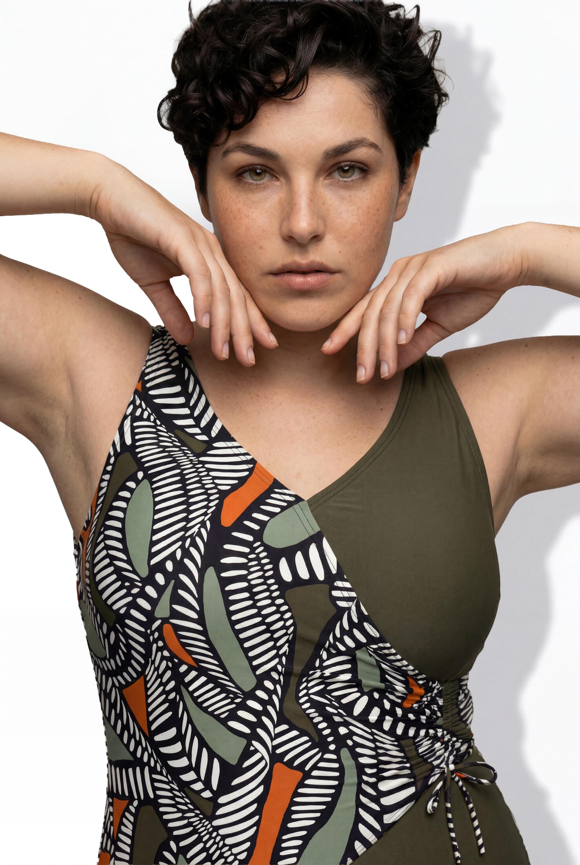 Damen Badeanzug Wickeleffekt Softcups Zierbänder 3/7