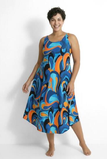 Damen Midikleid Wellenmuster A-Linie Rundhals ärmellos