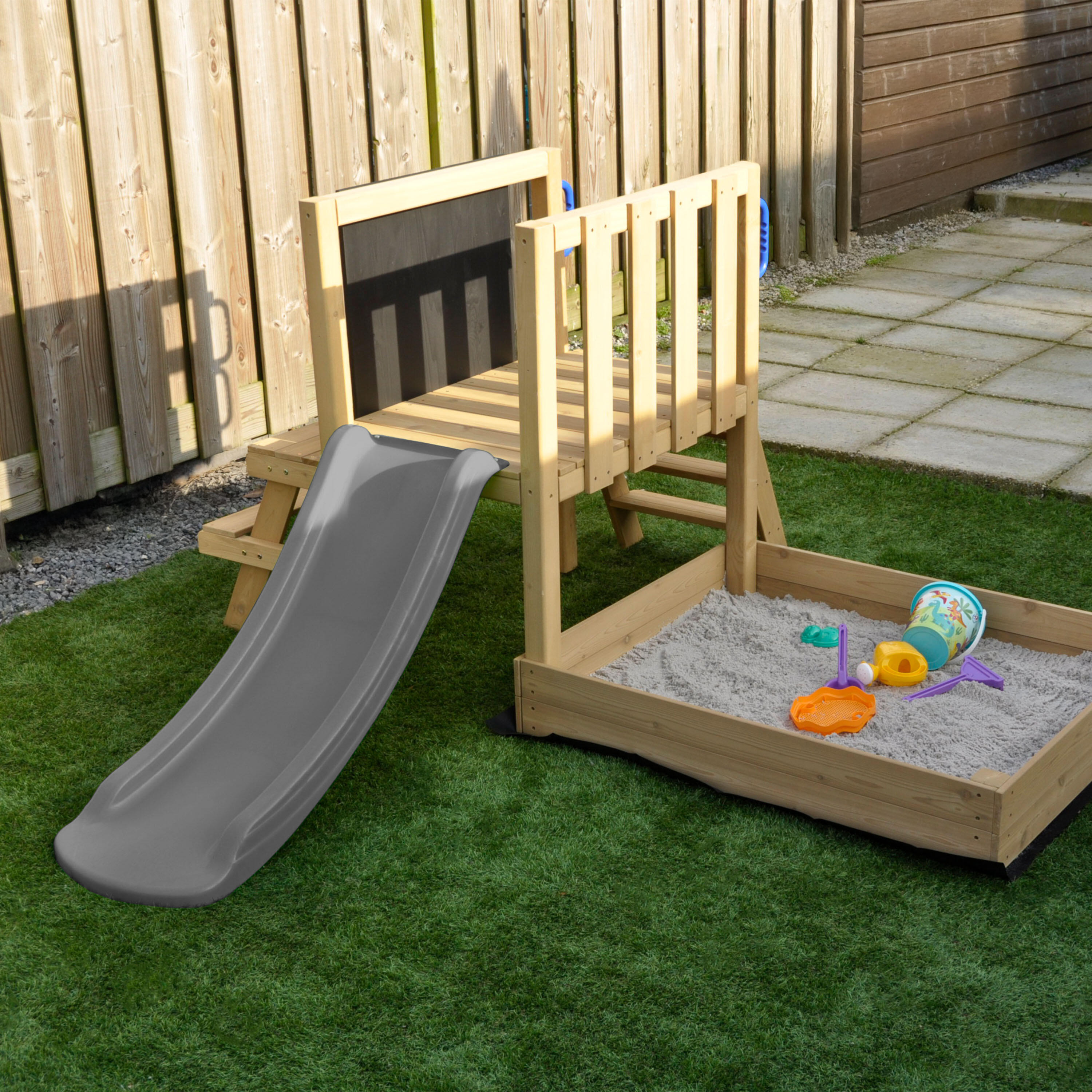 Leah Spielturm Mini, Holz, Rutsche Grau, Sandkasten, Spielküche 4/7