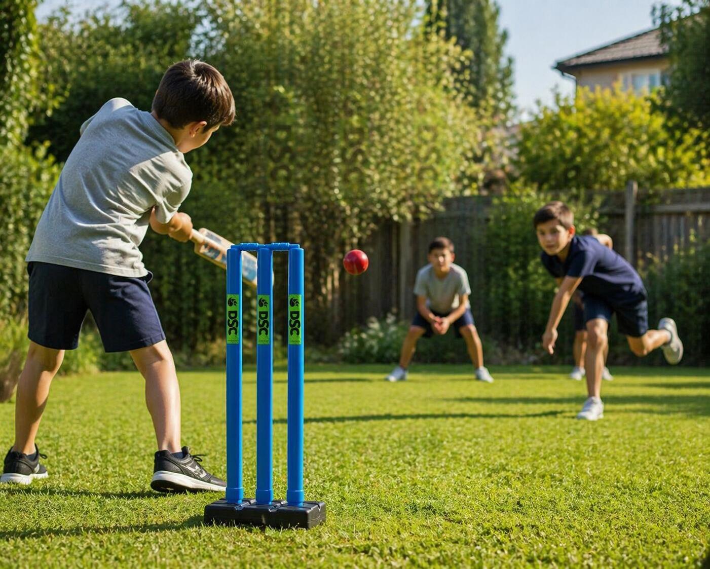 Cricket-Stumpfset aus Kunststoff, 3 Stümpfe, 2 Bails, 1 Sockel für Gartenspiel 4/4