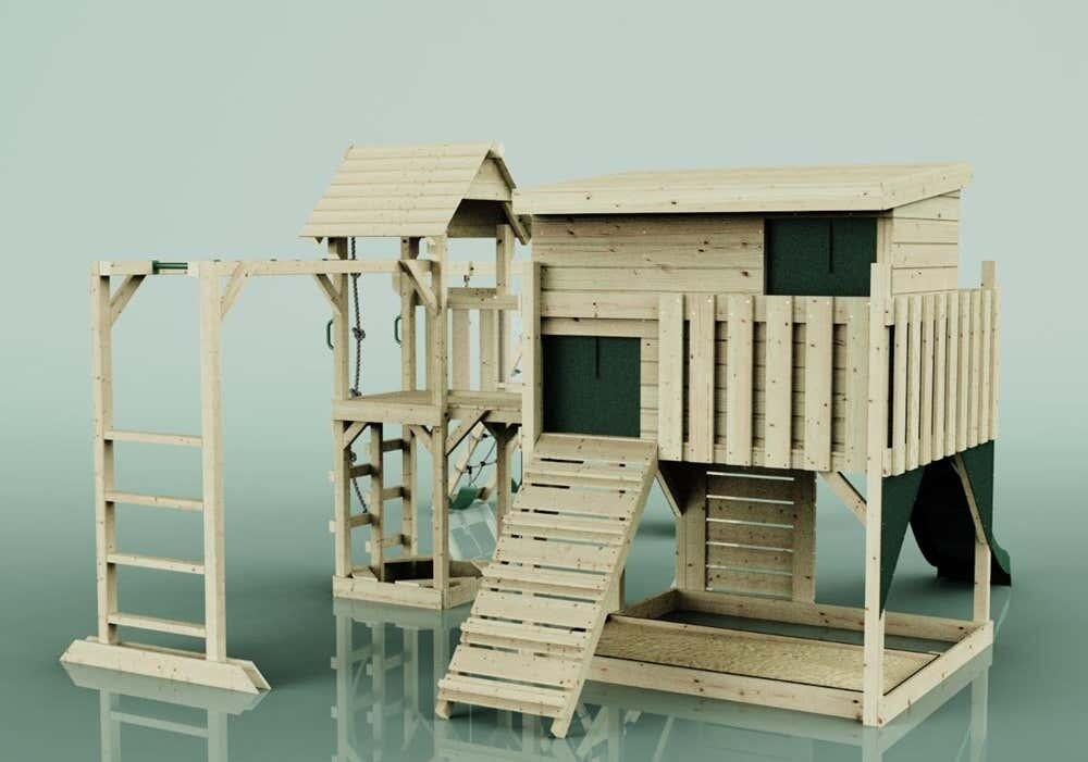 Spielturm Malin mit Kinderschaukel in Dunkelgrün - 503 × 562 × 274 cm 4/5