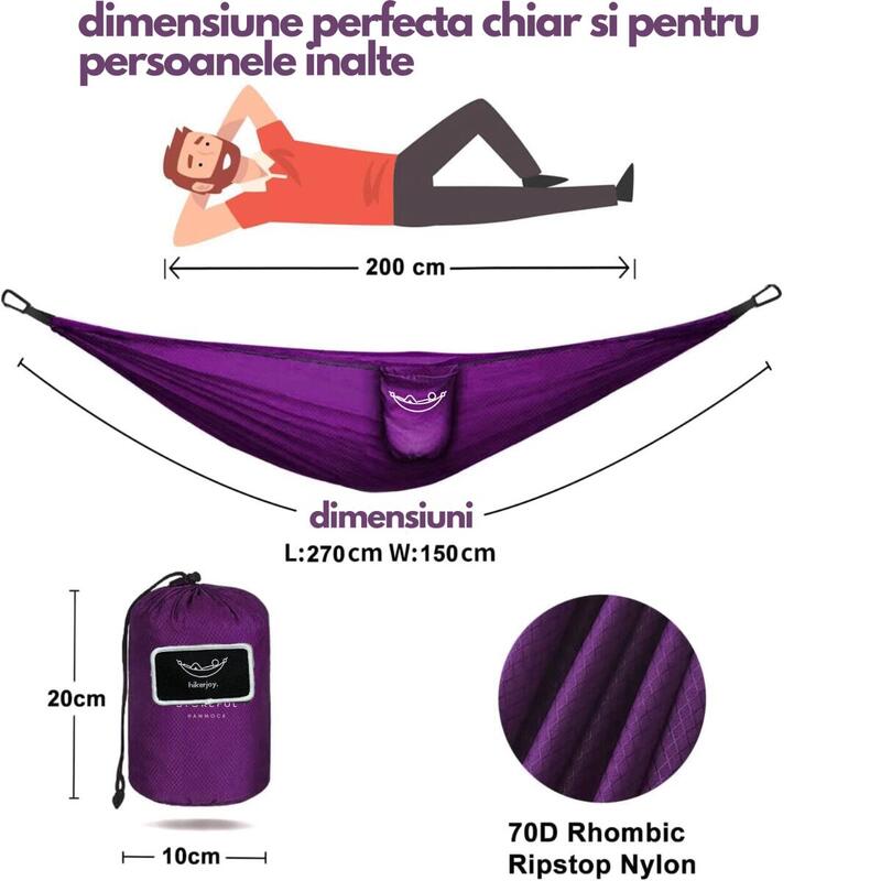 Hamac hikerjoy PRO,material ripstop, 270x150 cm,curele prindere si carabine, mov