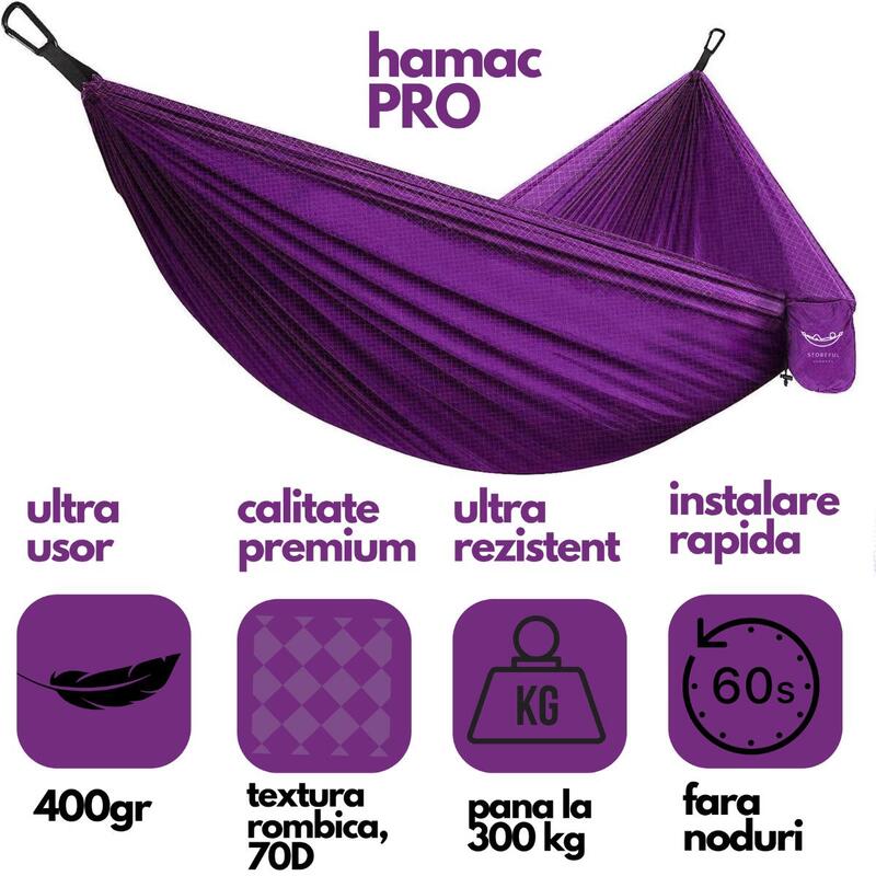 Hamac hikerjoy PRO,material ripstop, 270x150 cm,curele prindere si carabine, mov
