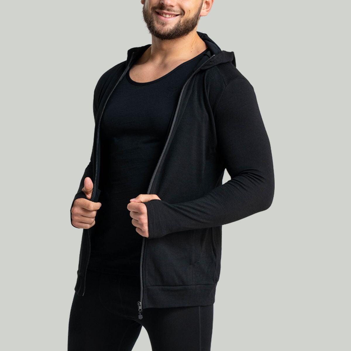 Uomo felpa con cappuccio nera MERINO I 3/4