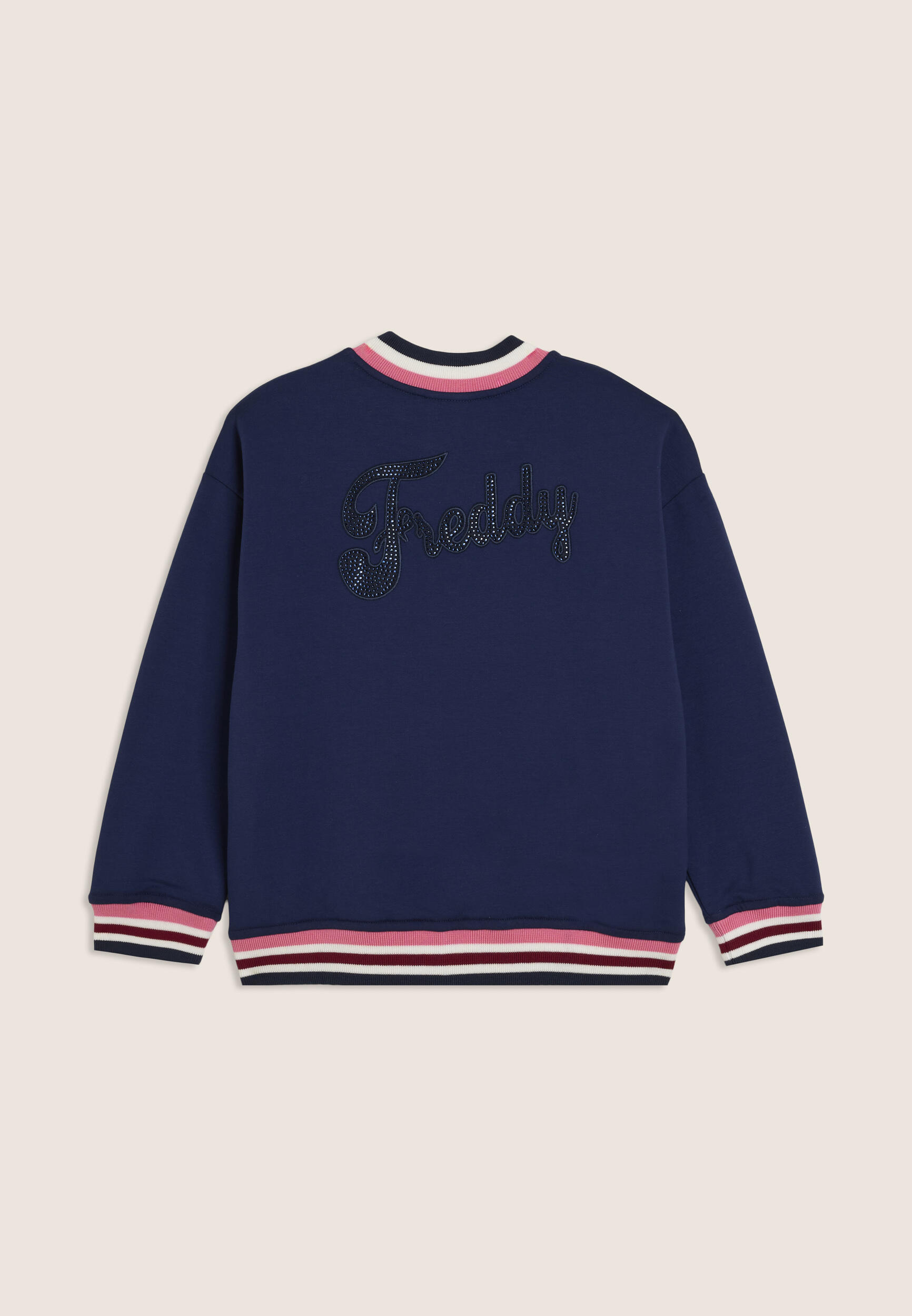 Sudadera junior estilo bómber con detalles multicolores y strass 2/3