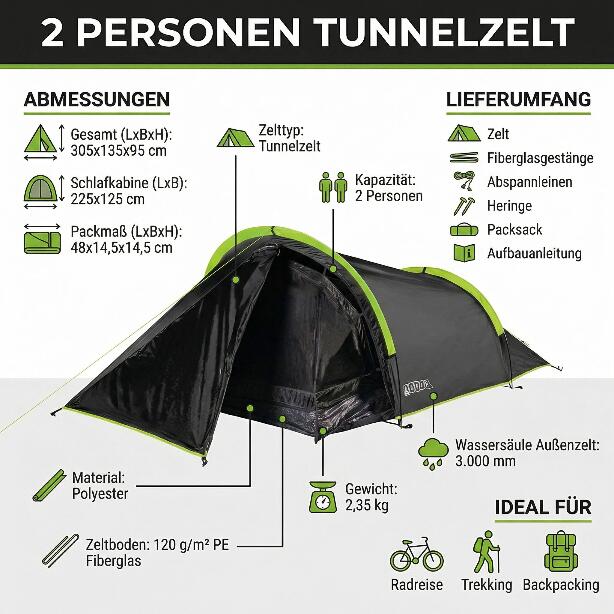 2 Personen Tunnelzelt Biker Backpacker Dunkele Schafkabine 3000 mm Wassersäule 3/6
