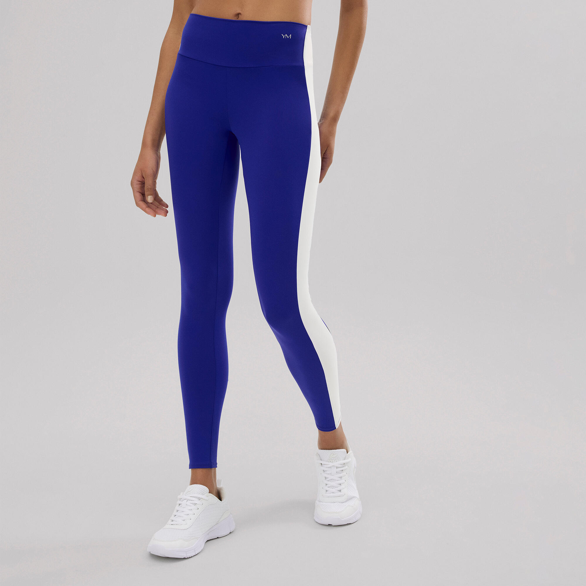 Leggings deportivos largos efecto push-up azul con franja en contraste 2/7