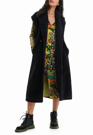 Gilet long femme Desigual en mélange de laine noir, double boutonnage
