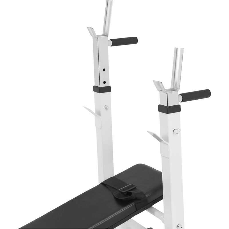 Banco Musculación y Pesas Gorilla Sports Blanco Plegable con Rack para Barra