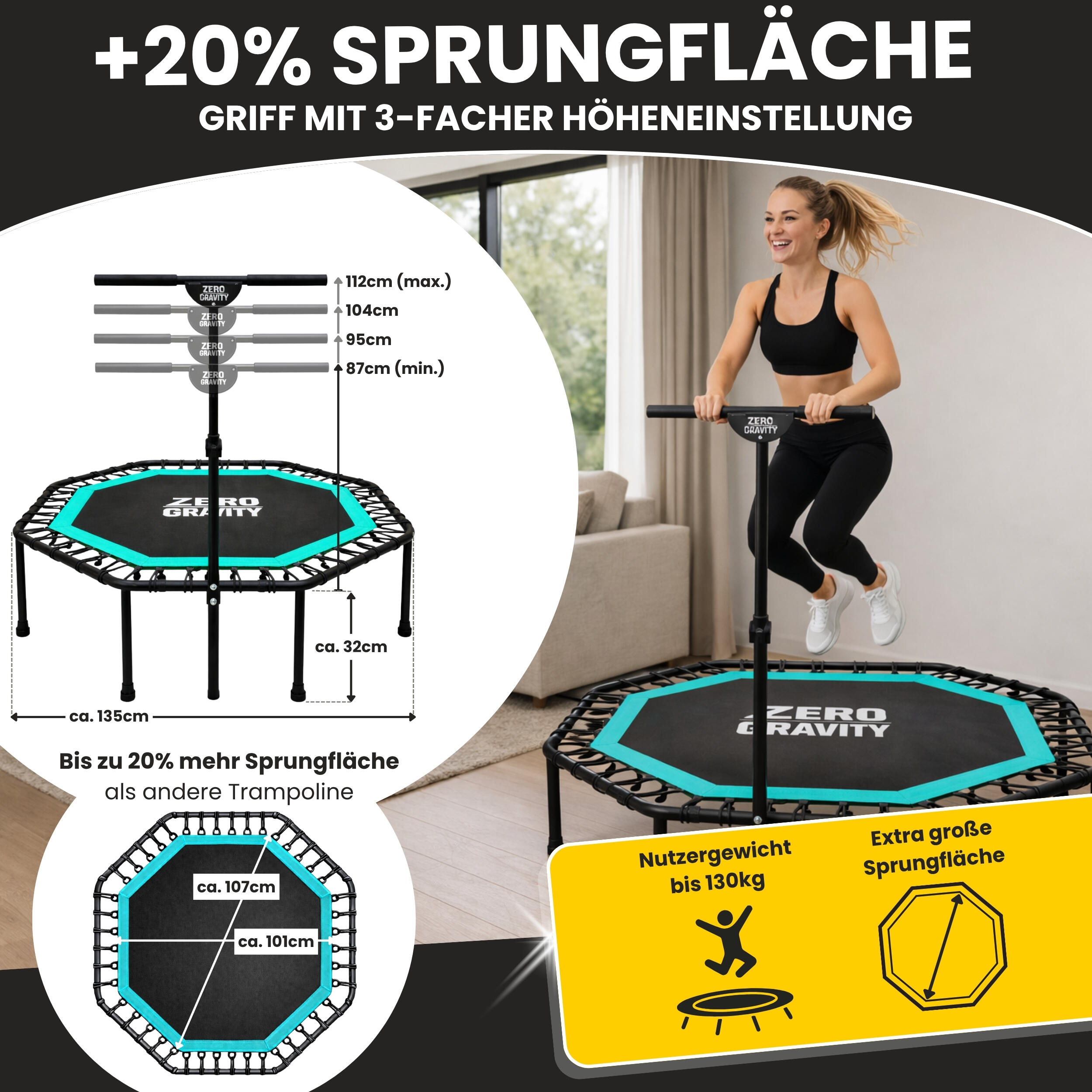 Zero Gravity Fitness Trampolin türkis - Nutzer bis 130kg 3/7