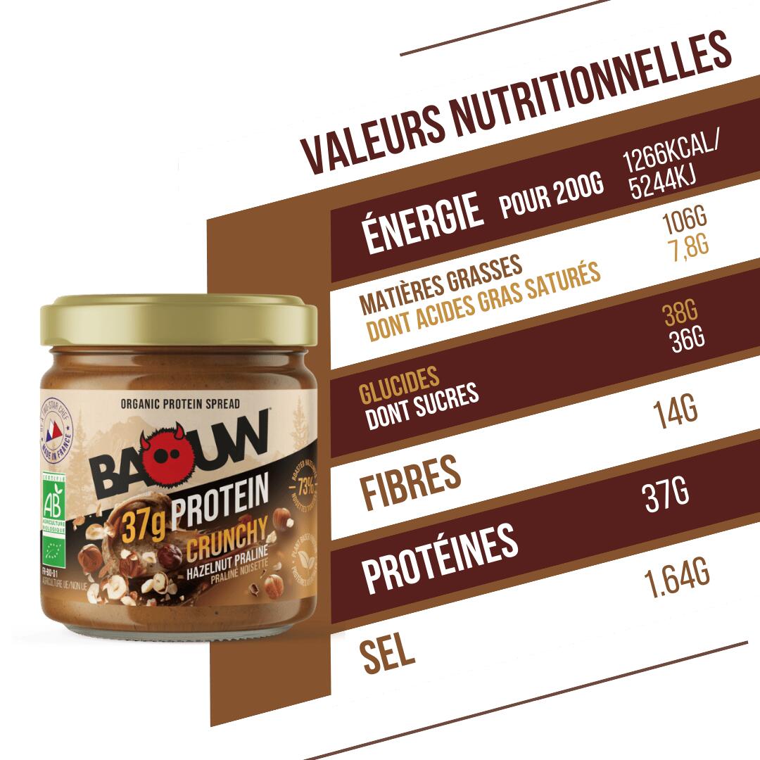 Pâte à tartiner BIO protéinée Crunchy, goût intense chocolat-noisettes, 200 g. 6/7