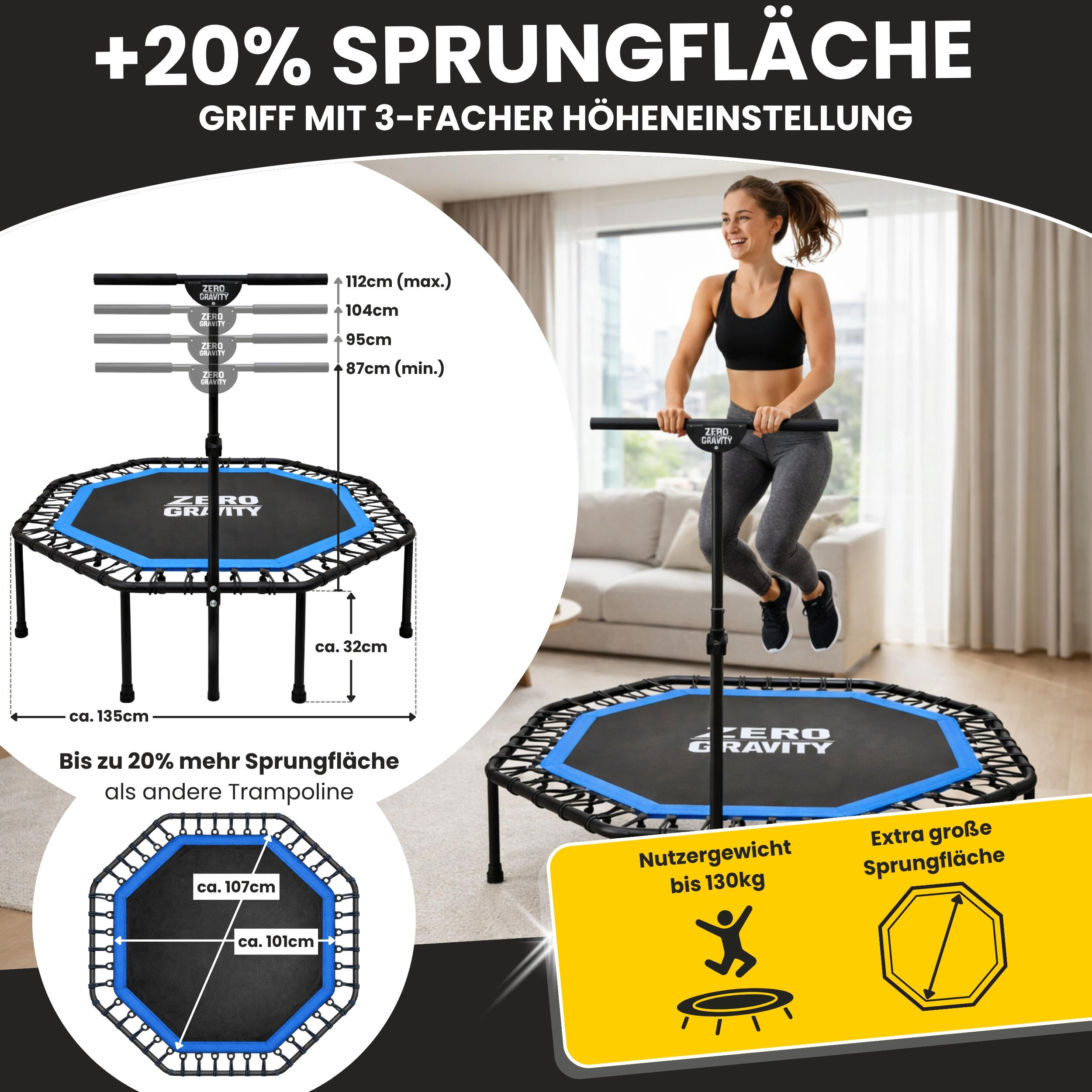 Zero Gravity Fitness Trampolin blau - Nutzer bis 130kg 3/7