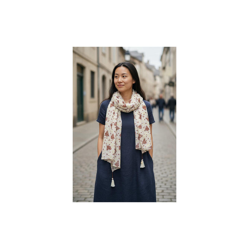 Maison Scotch eșarfă femei albă din bumbac 100% cu ciucuri și imprimeu
