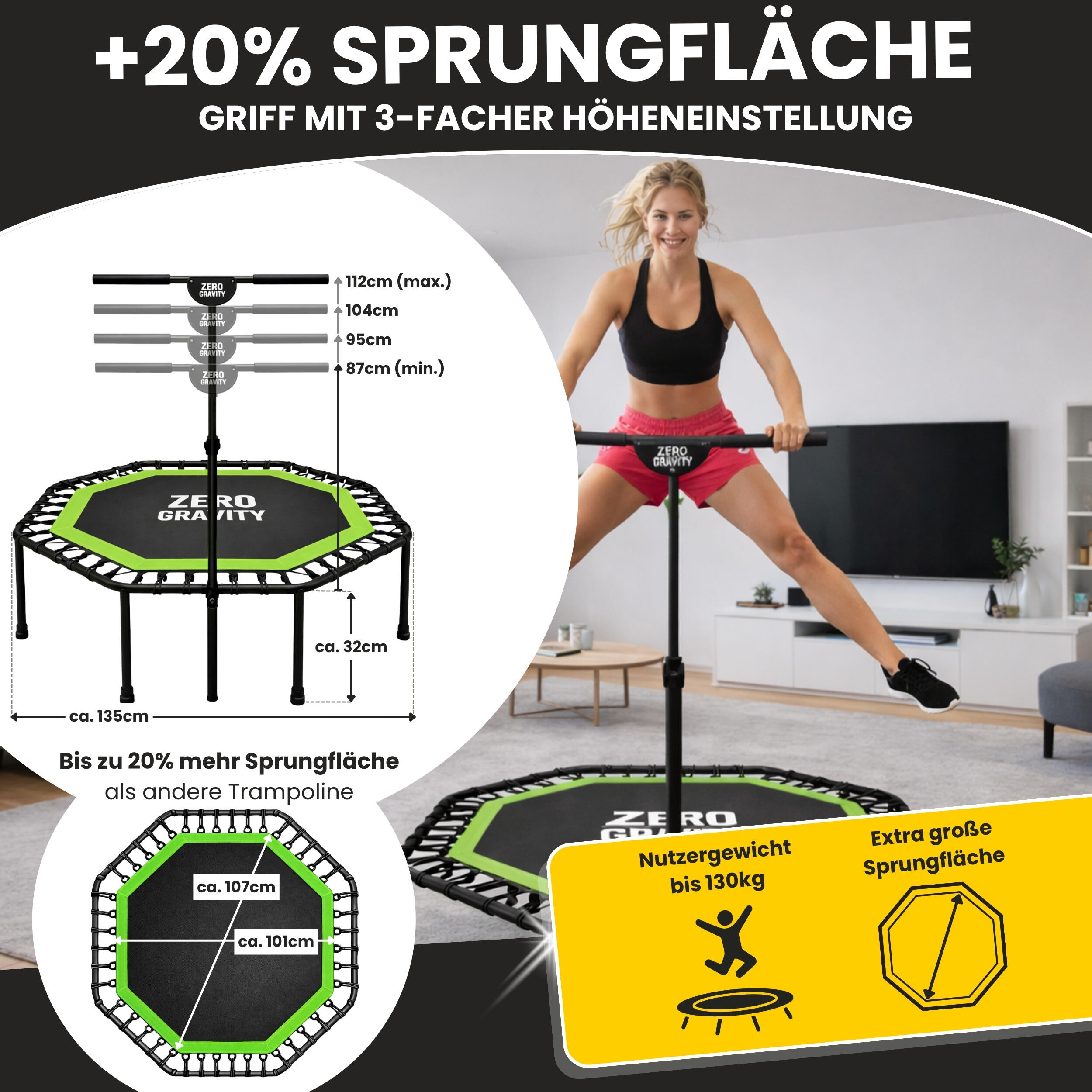Zero Gravity Fitness Trampolin grün - Nutzer bis 130kg 3/7