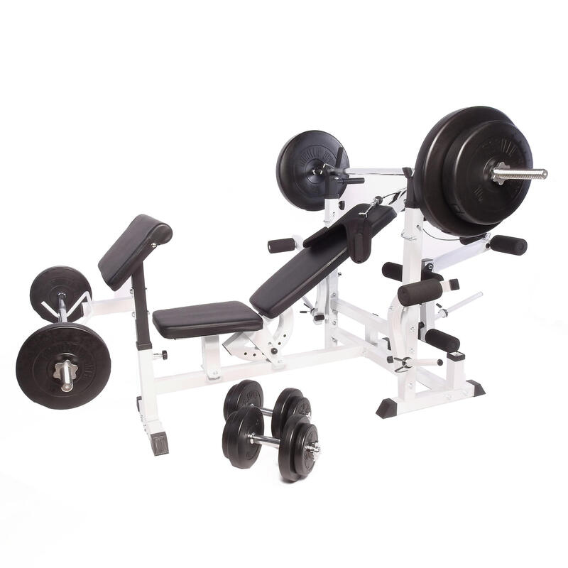 BANC DE MUSCULATION BLANC UNIVERSEL + SET D'HALTERES POIDS PLASTIQUES ET BARRES