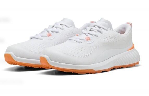 Calçado de golfe Puma Gruve Sport feminino, branco e laranja 2/6