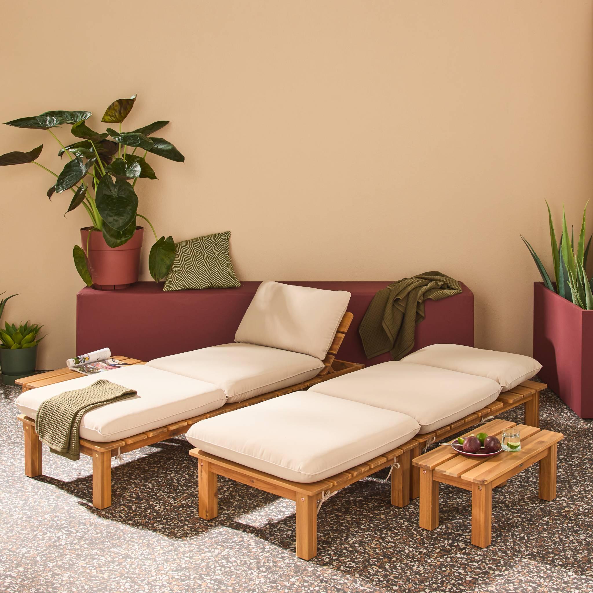 Conjunto de  tumbonas modular de madera de acacia multiposición con mesas, set 3/5