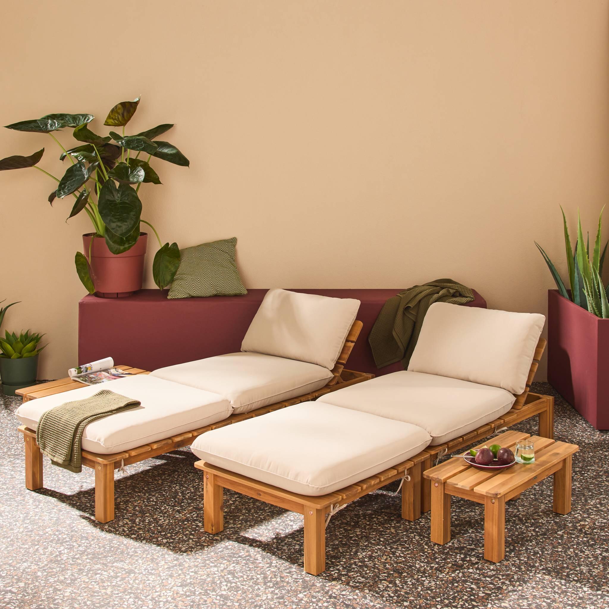 Conjunto de  tumbonas modular de madera de acacia multiposición con mesas, set 2/5